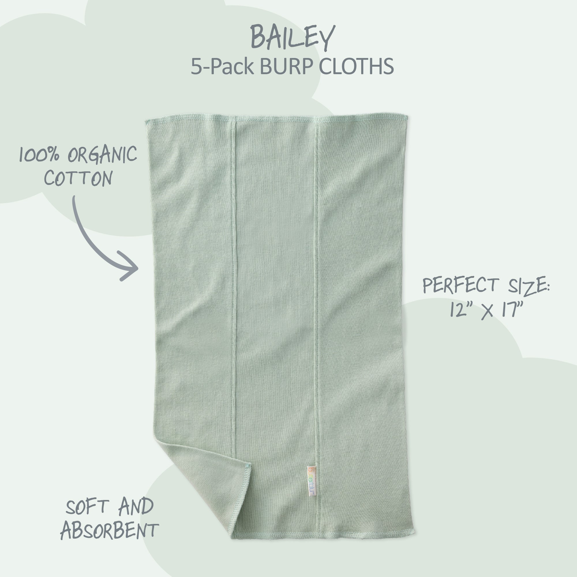 Green burp cloth with text describing features on a white background