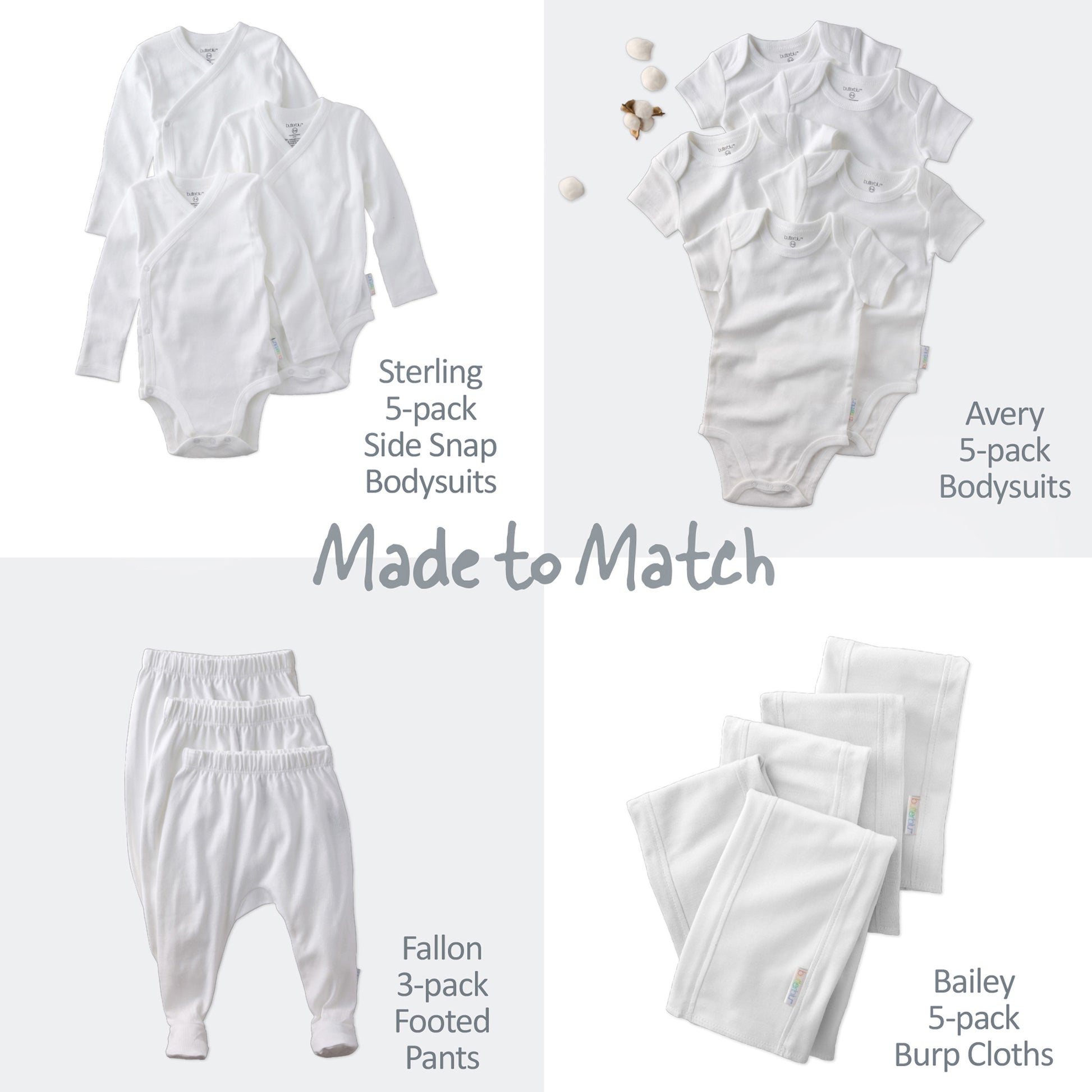 Baby clothing set with bodysuits, footed pants, and burp cloths on a white background.