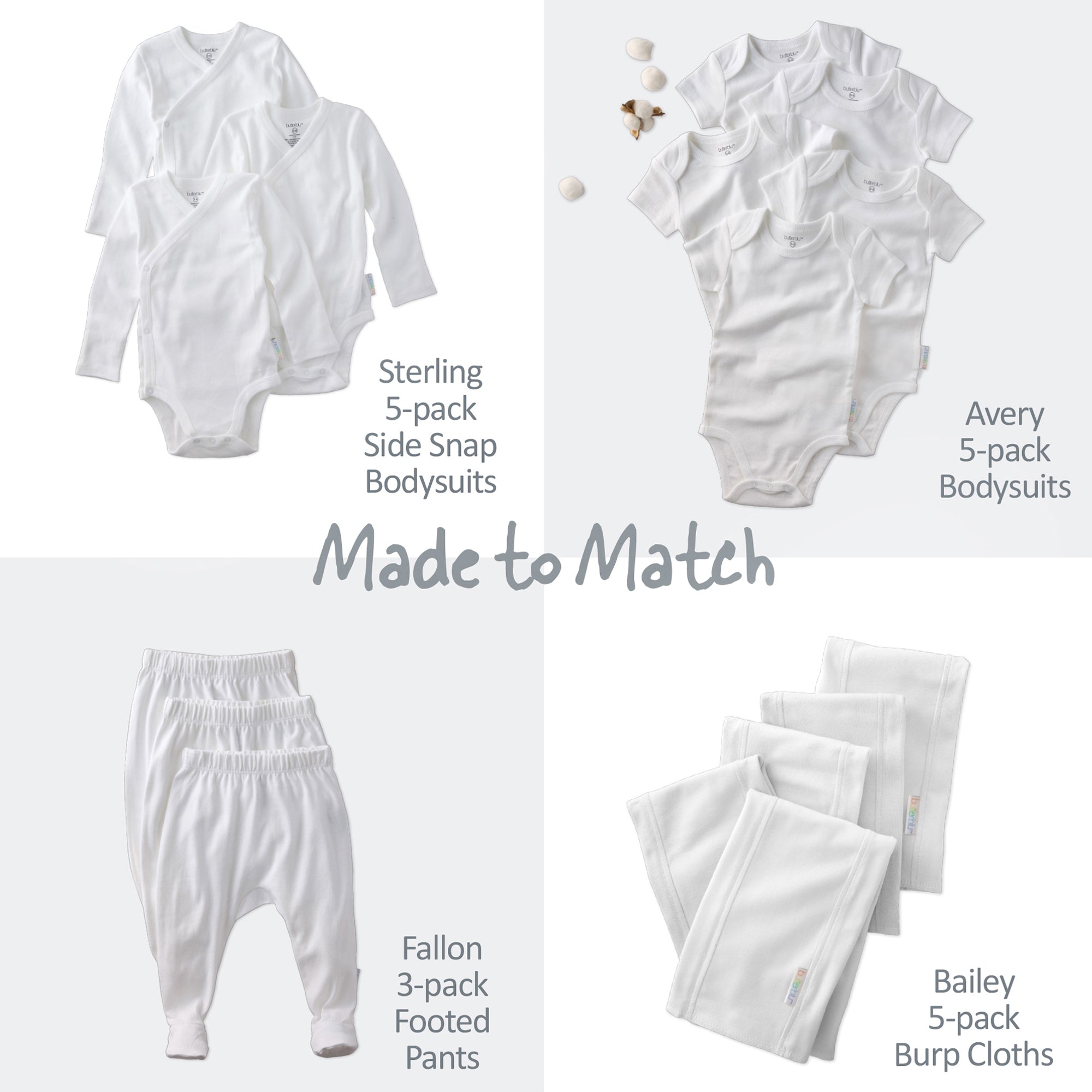Baby clothing set with bodysuits, footed pants, and burp cloths on a white background.