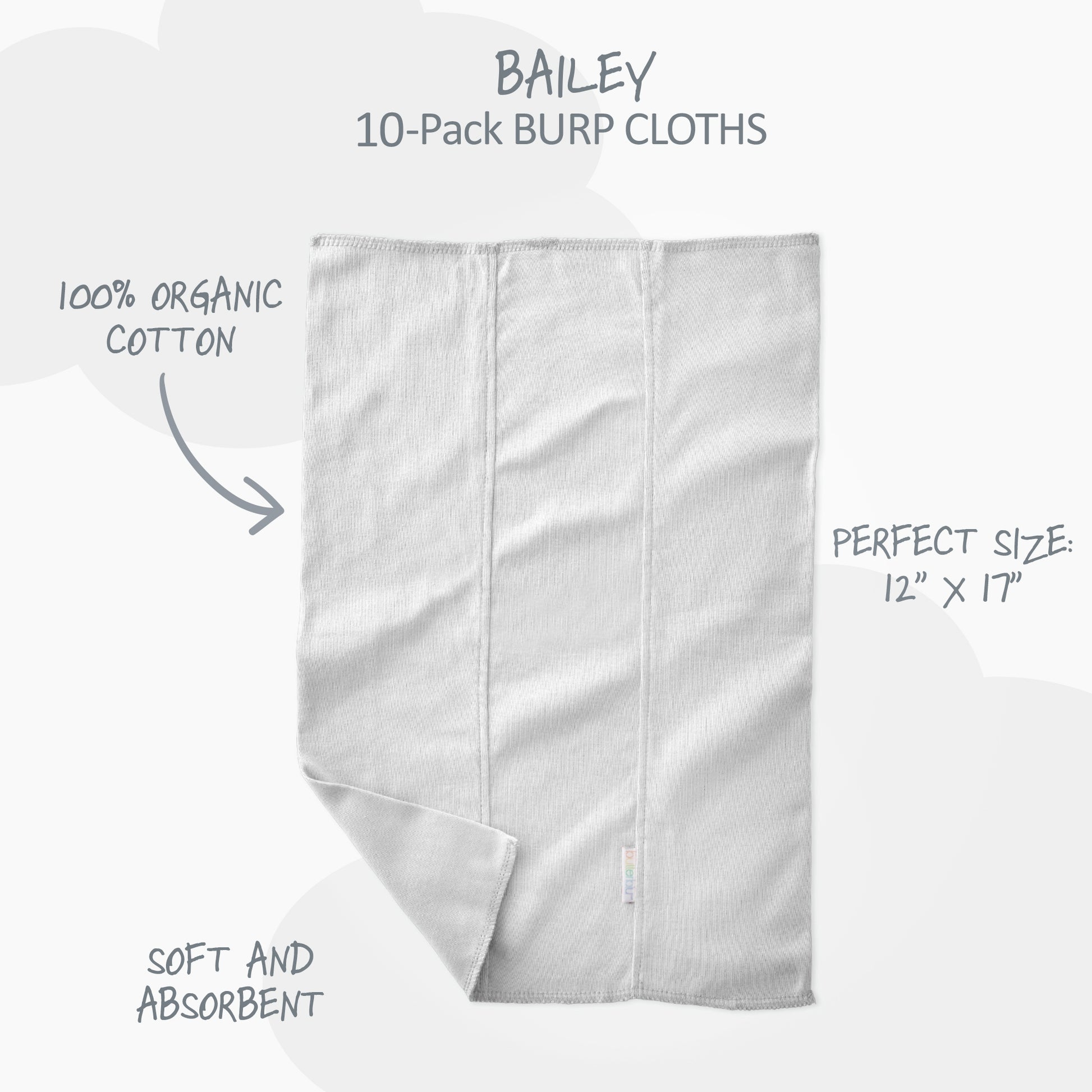 Gray burp cloth with product details on a white background