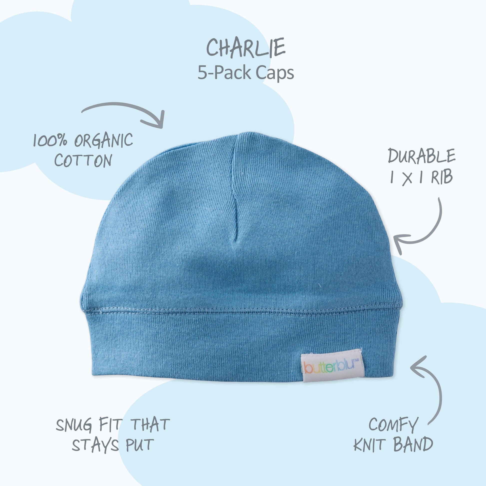Blue baby cap with features labeled on a light blue background