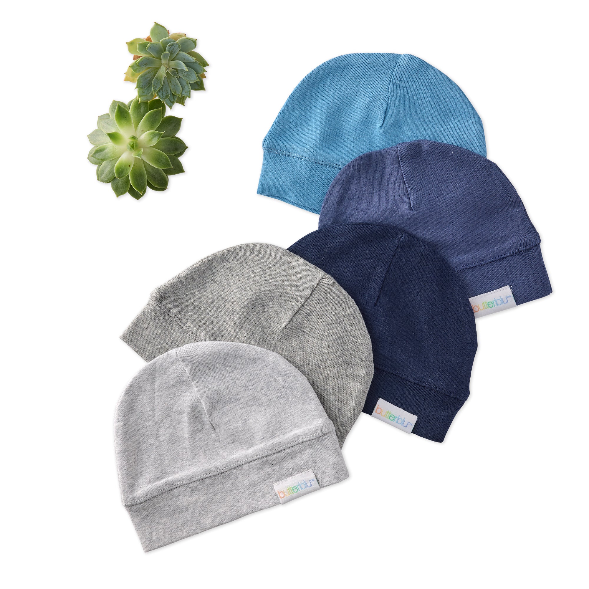 Set of five baby hats in gray, blue, and navy with a plant on a white background