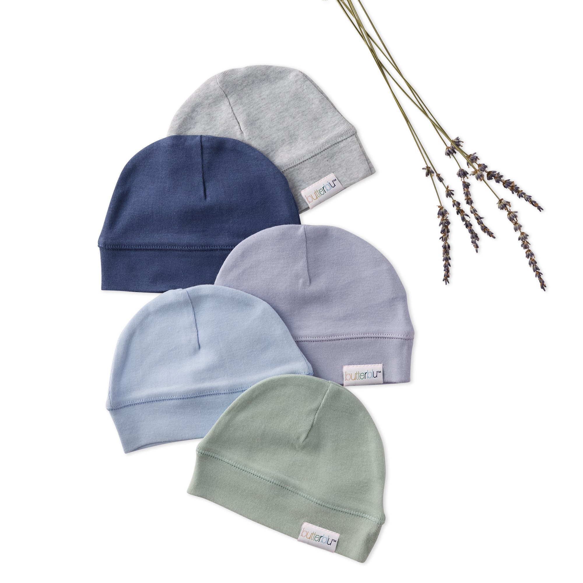 Five baby hats in different colors with a brand label on a white background.