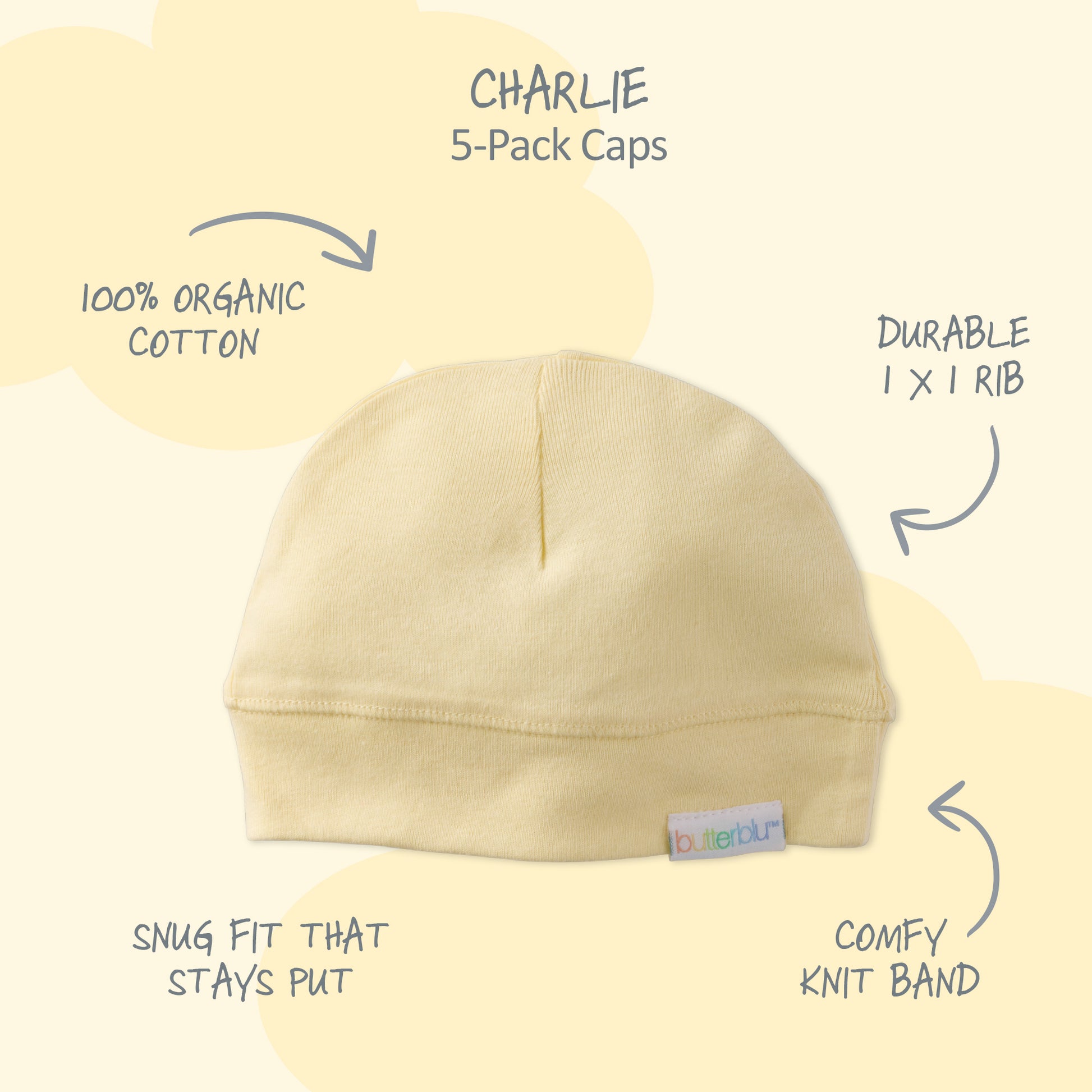 Yellow baby cap with features labeled on a white background