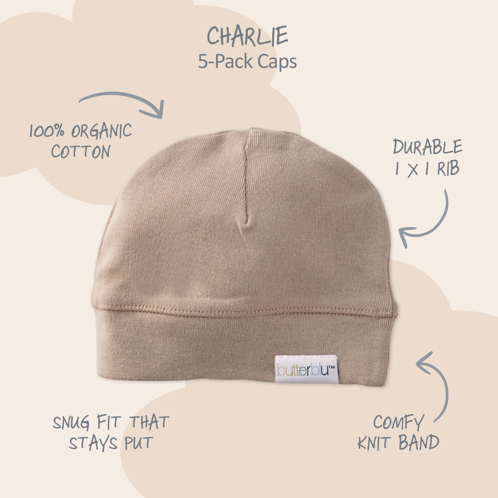 Brown baby cap with 'butterbur' label on a beige background, featuring text about the product's features.