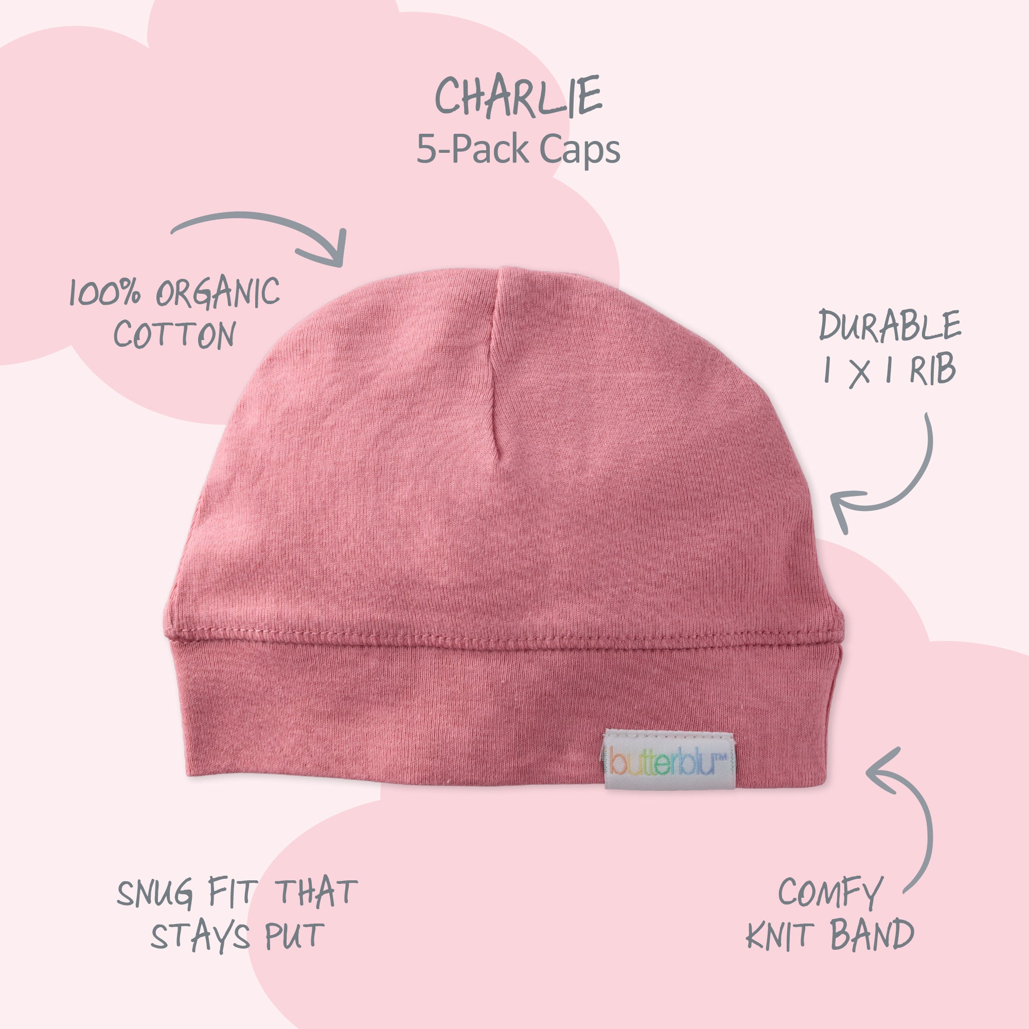 Pink baby cap with features labeled on a pink background