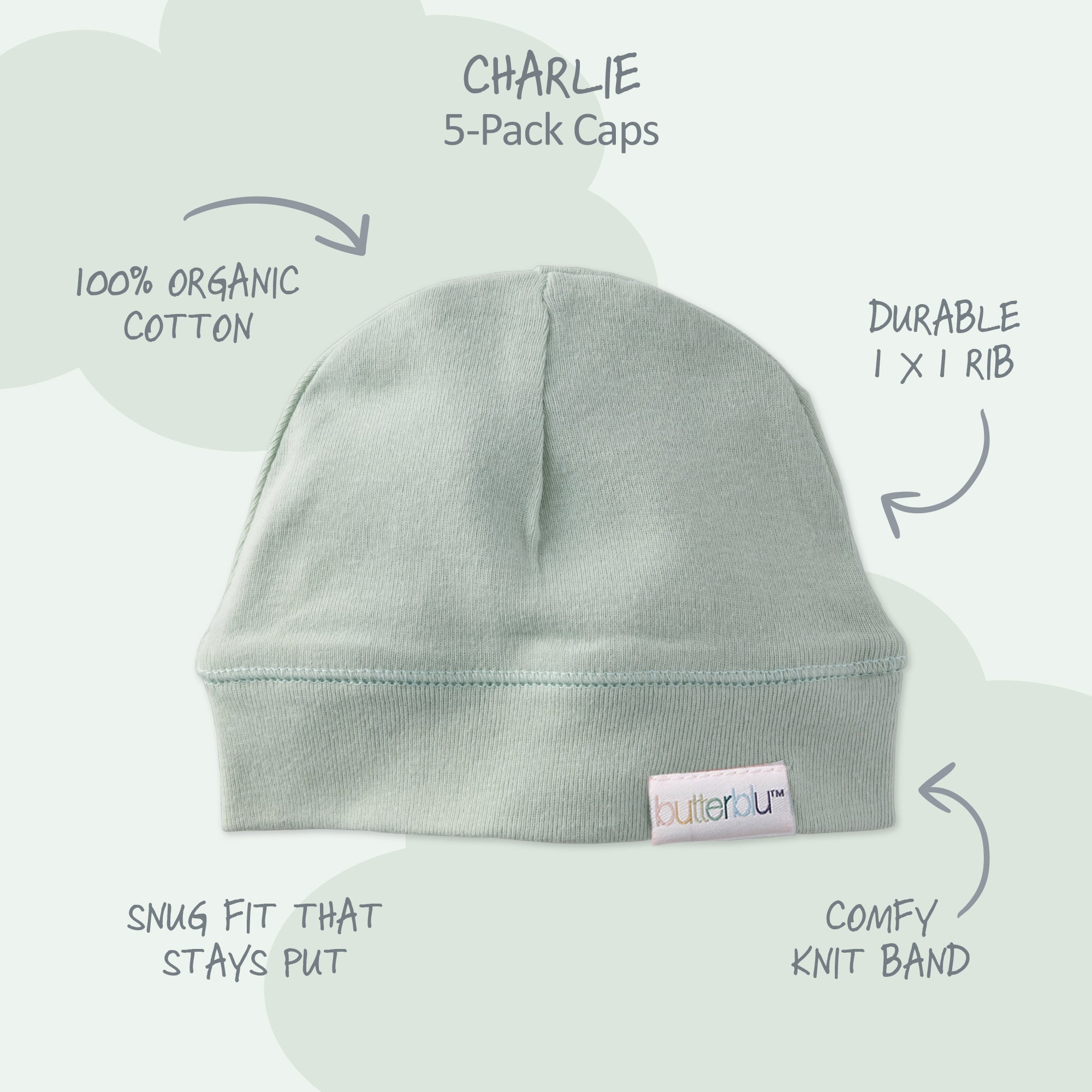 Gray baby cap with features labeled on a white background