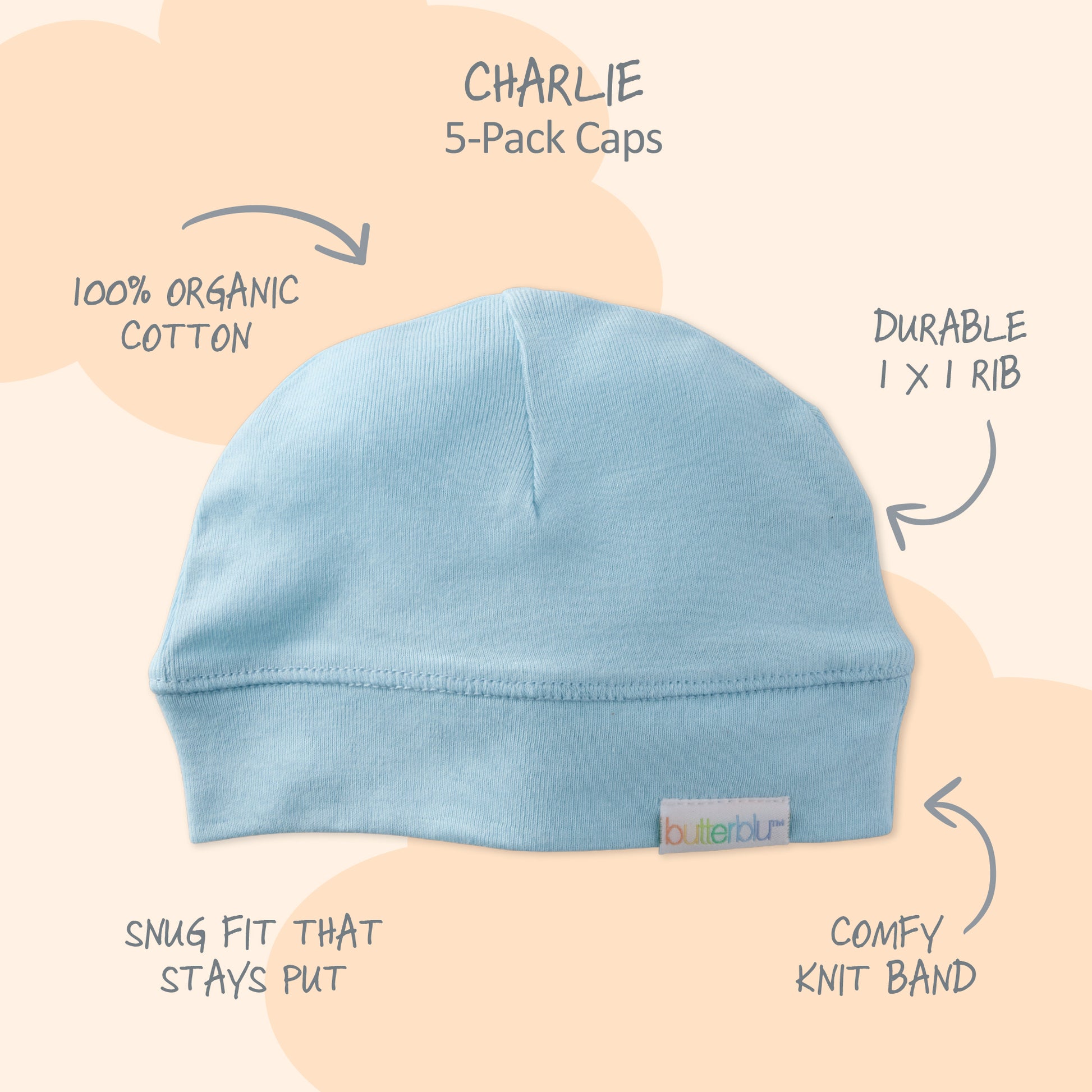 Blue baby cap with features labeled on a beige background