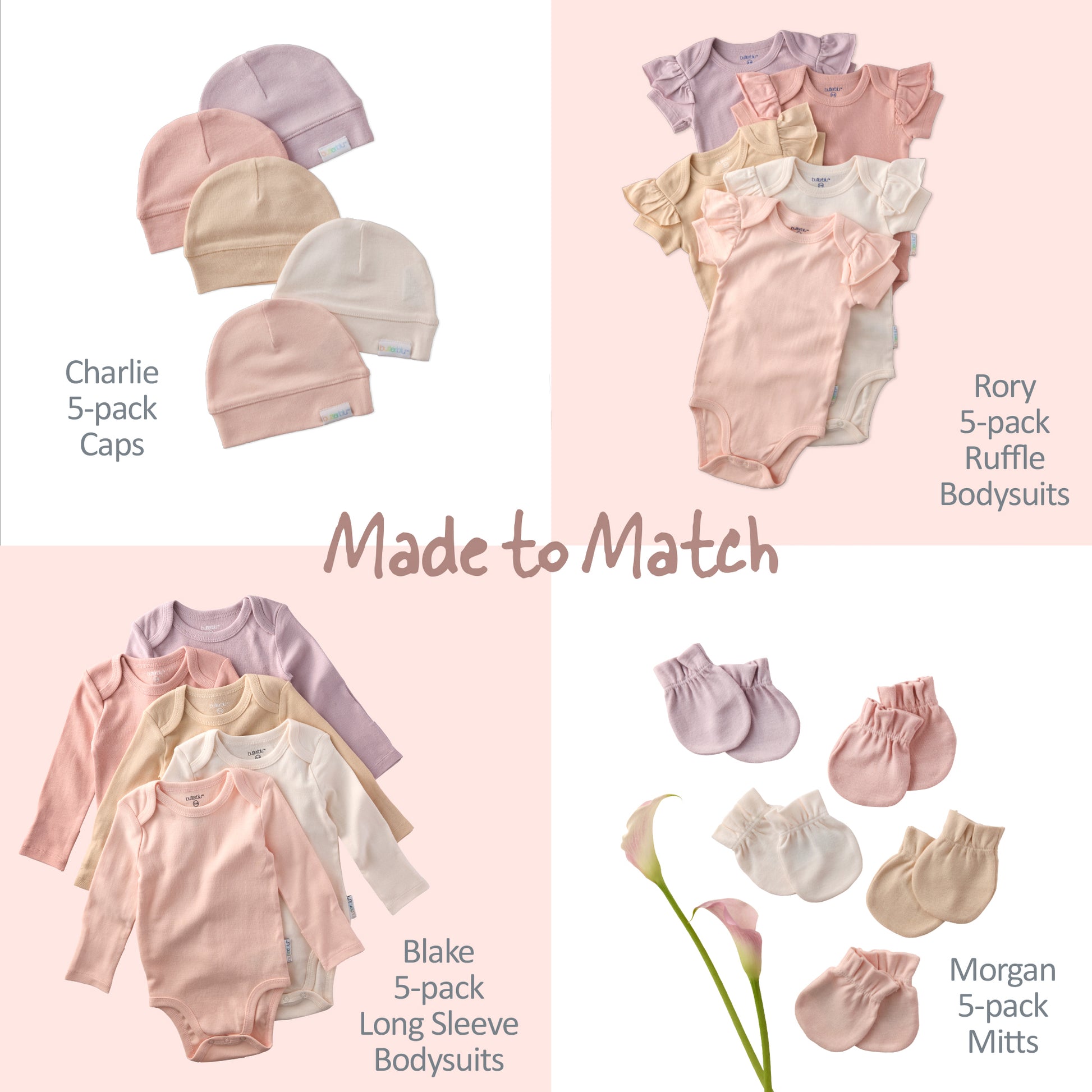 Baby clothing set with caps, bodysuits, and mittens on a pink background