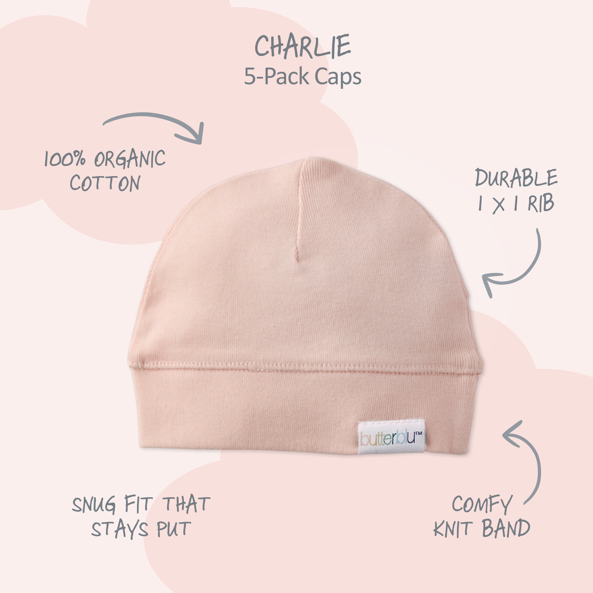 Buttercup baby cap with text highlighting features on a light pink background