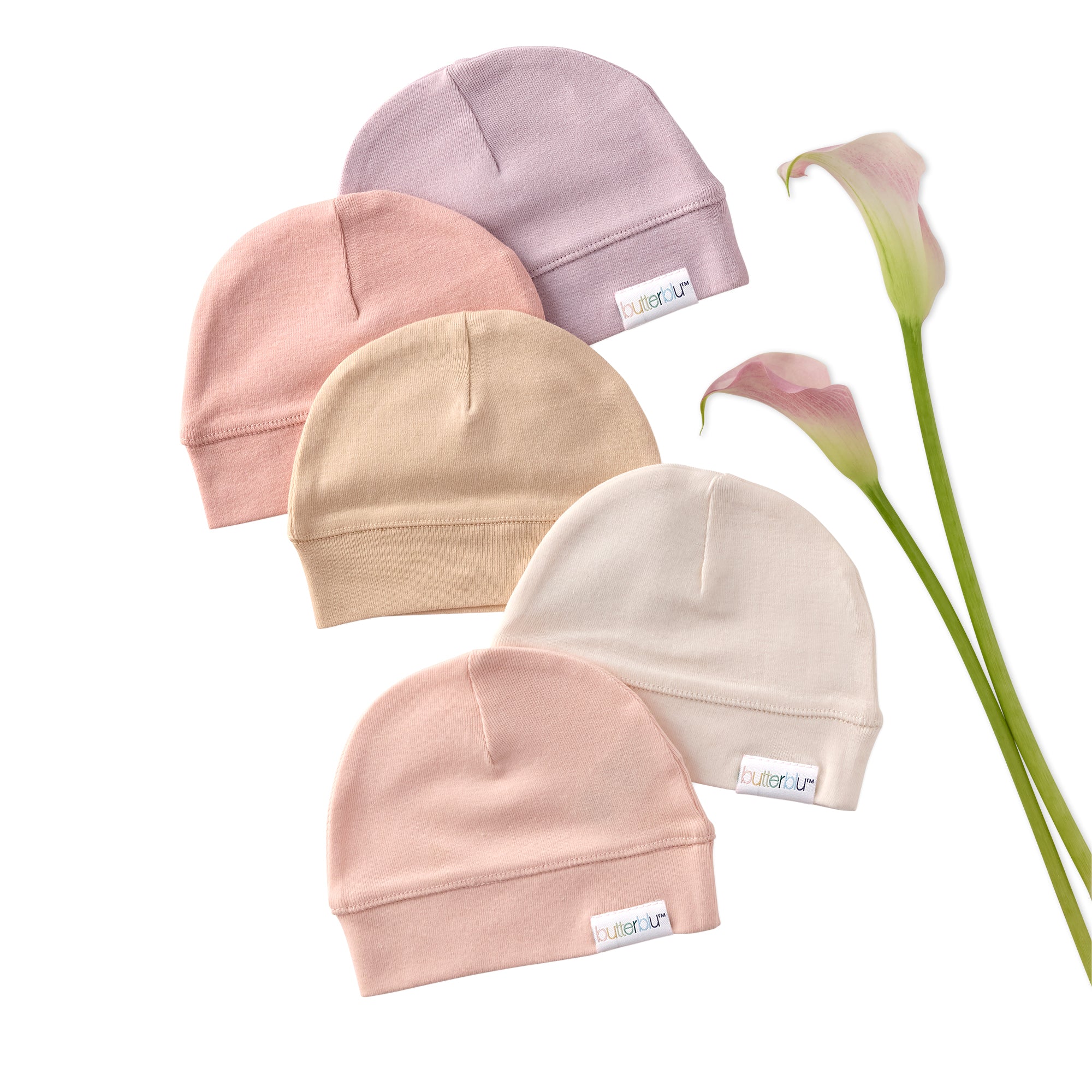 Five baby hats in pink, beige, and light purple with a brand label on a white background.