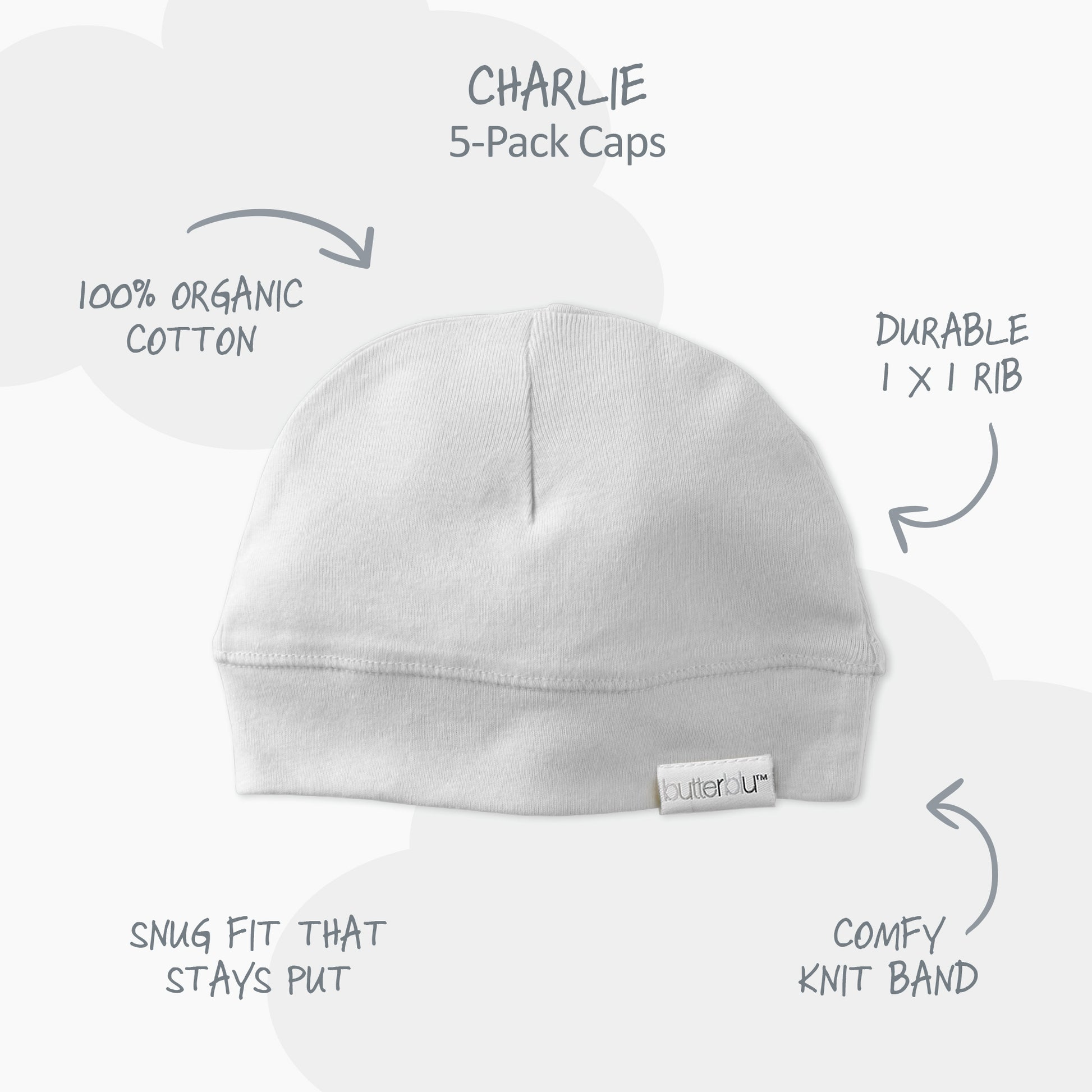 Gray baby cap with features labeled on a white background