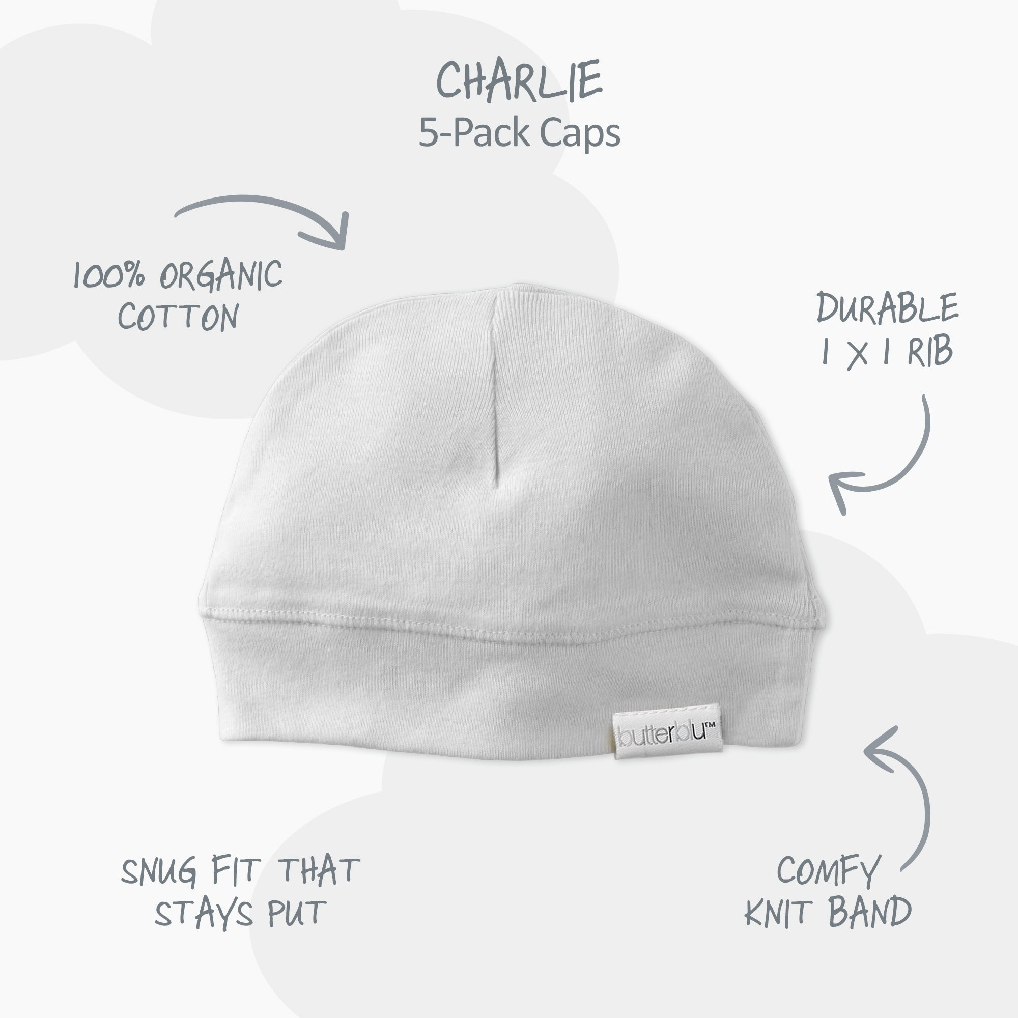 Gray baby cap with features labeled on a white background