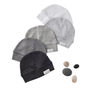 Five beanies in black, gray, and white with a brand label on a white background.
