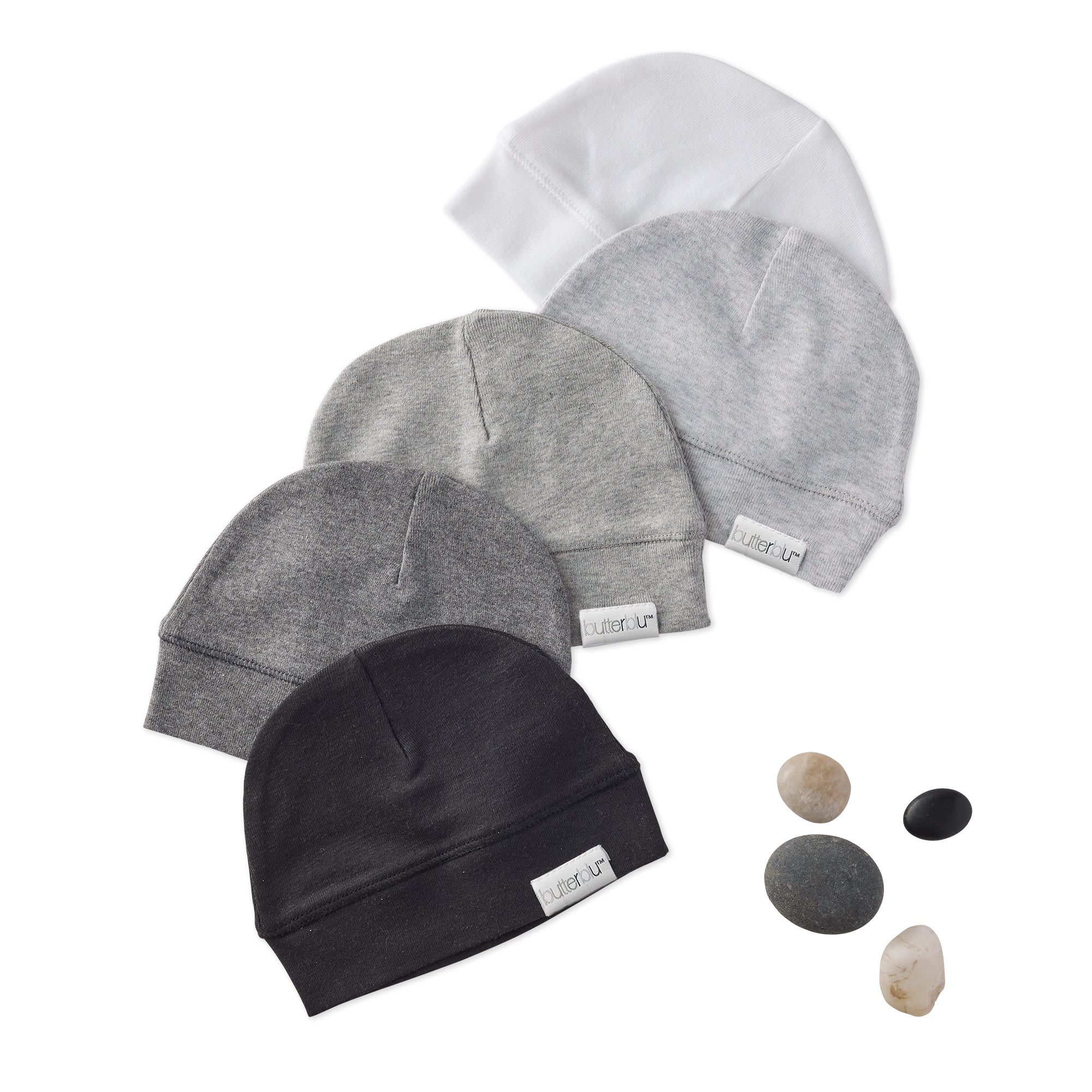 Five beanies in black, gray, and white with a brand label on a white background.