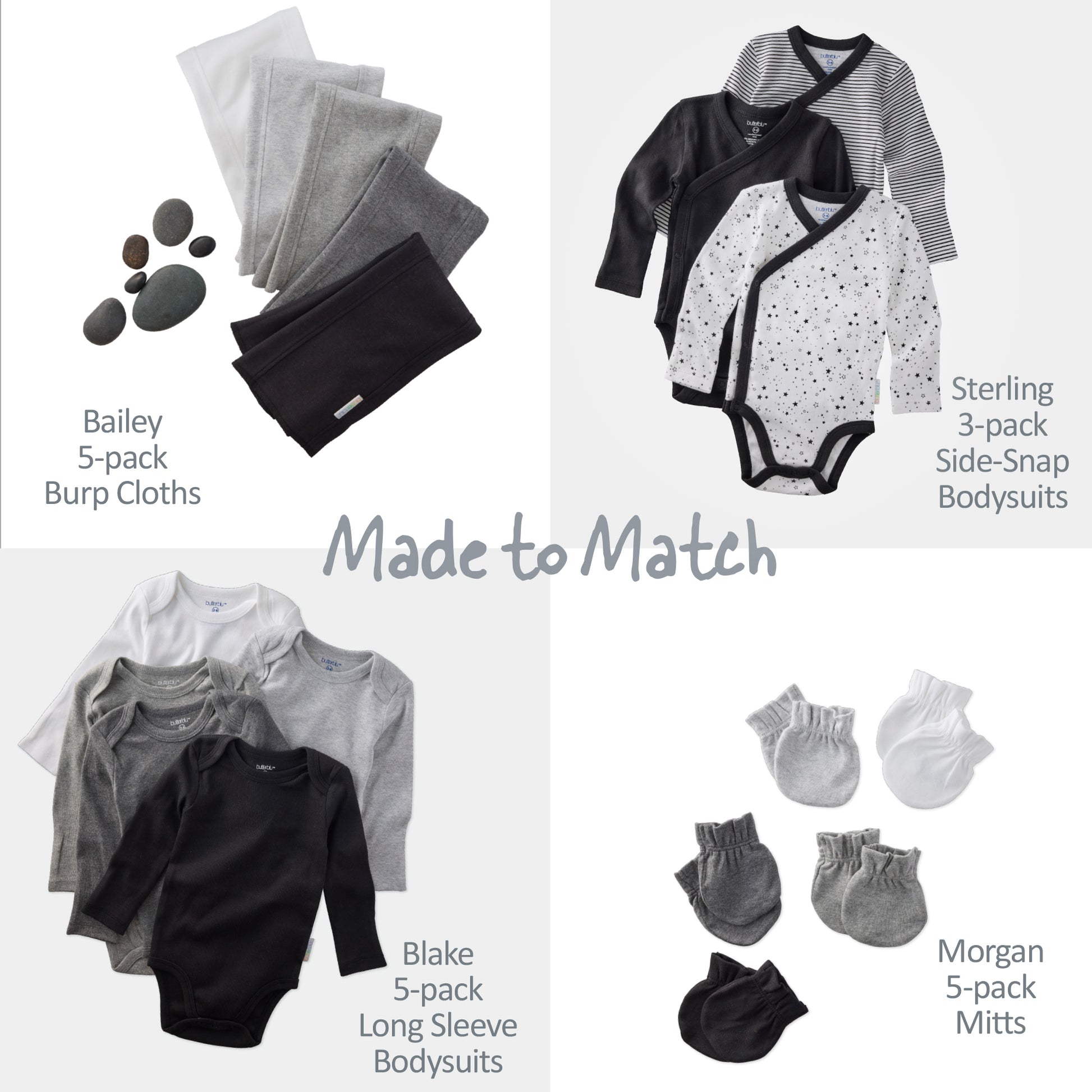 Baby clothing set with burp cloths, bodysuits, and mittens on a white background.