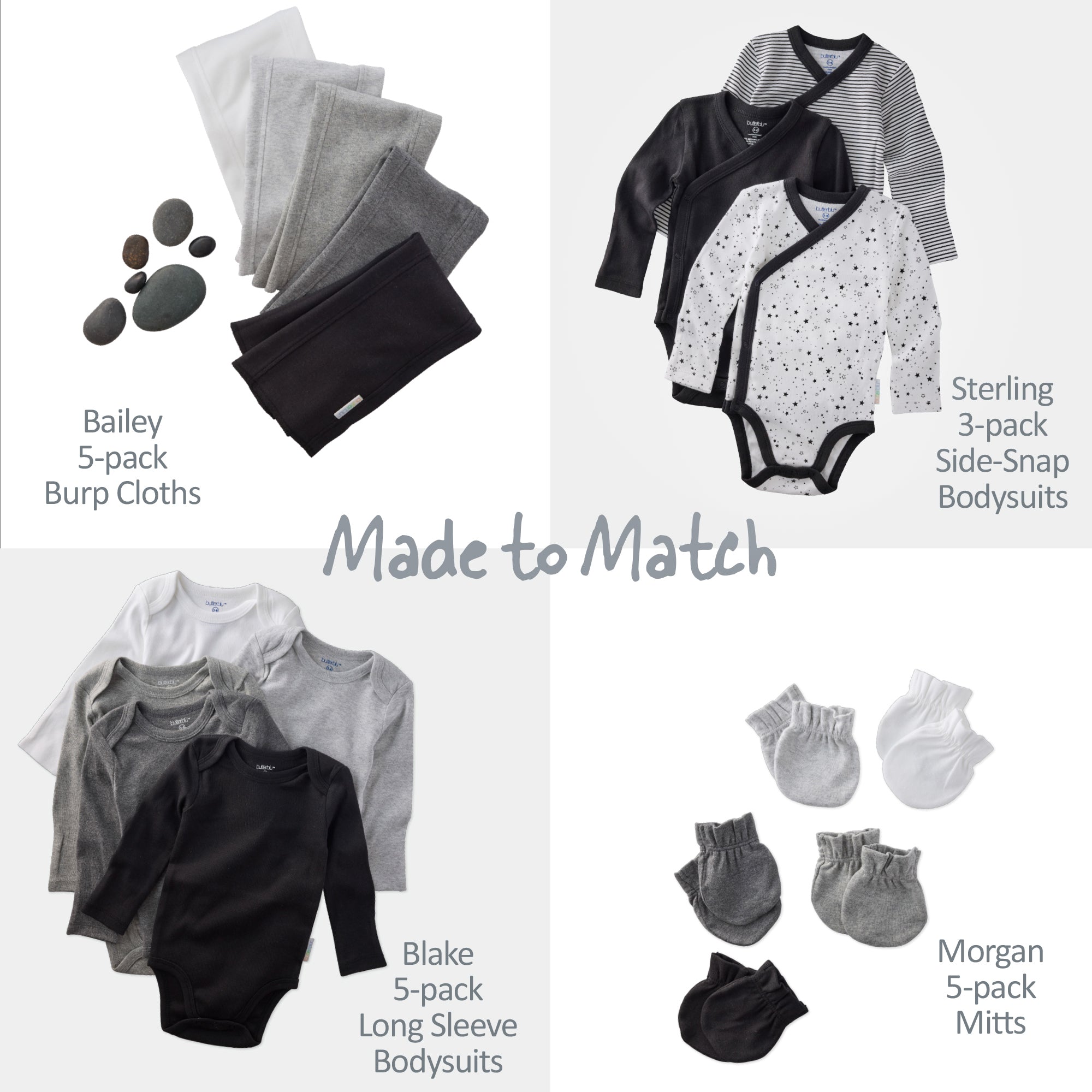 Baby clothing set with burp cloths, bodysuits, and mittens on a white background.