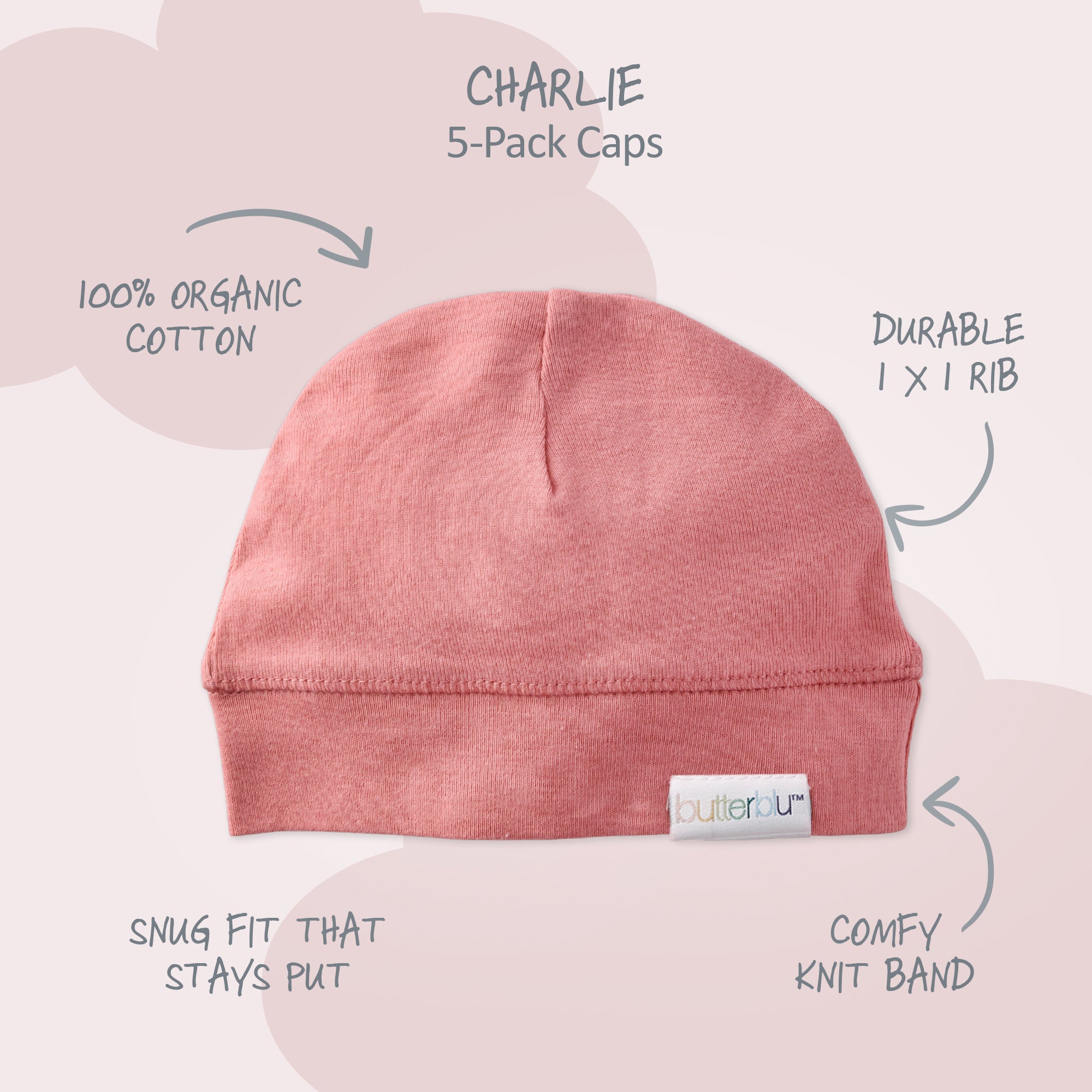 Pink baby cap with 'butter' label on a light pink background, featuring text about the product's features.