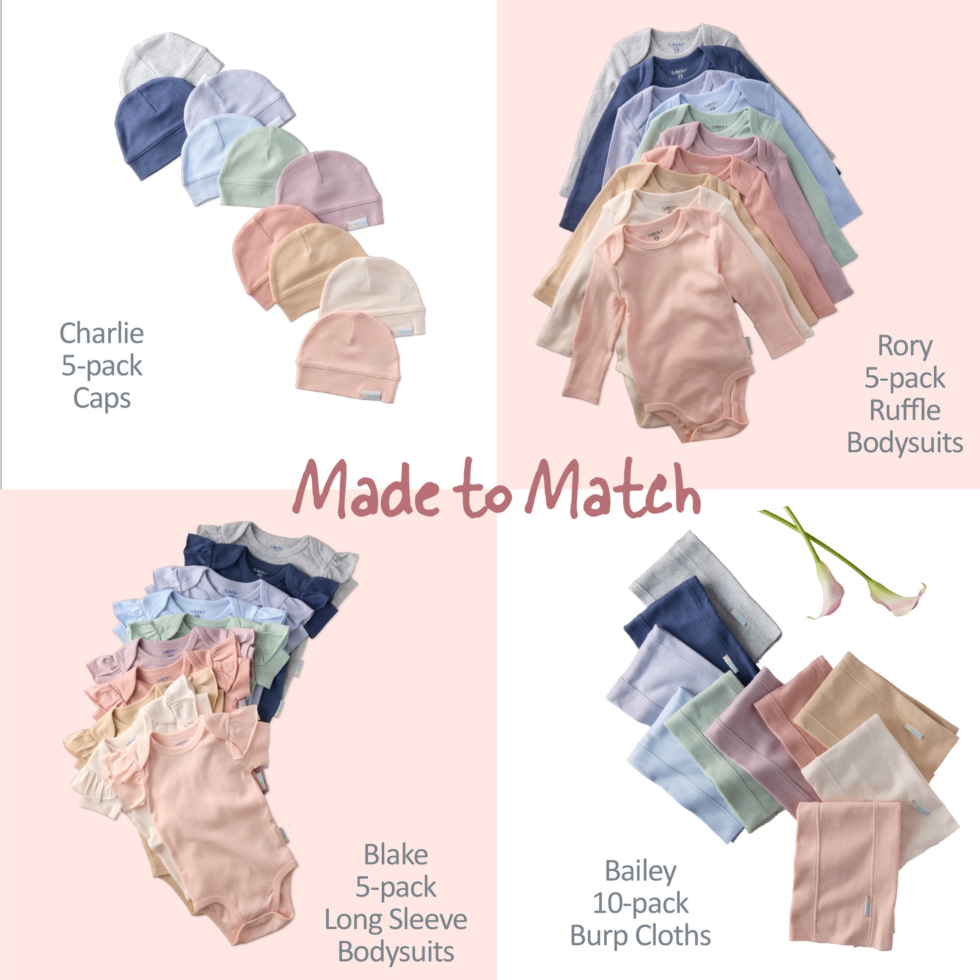 Collection of baby clothing including caps, bodysuits, and burp cloths with matching text on a pink background.