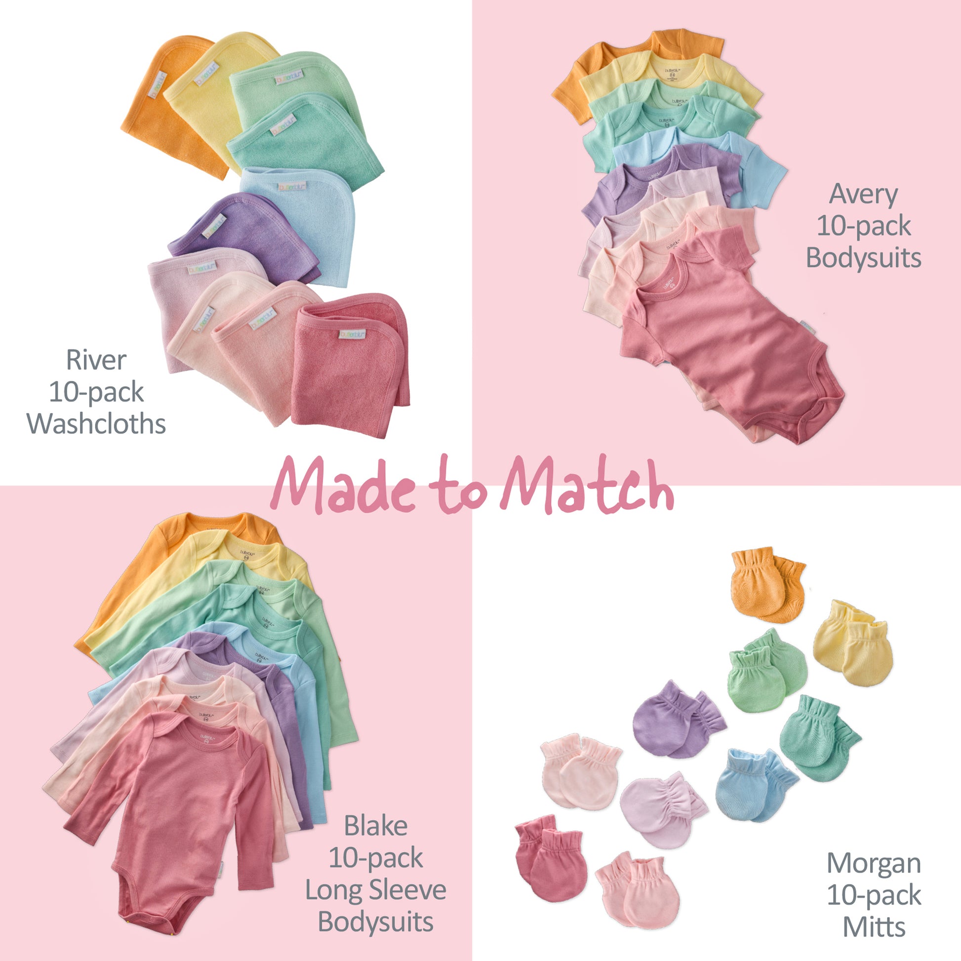 Collection of baby clothing items including washcloths, bodysuits, and mitts on a pink background.