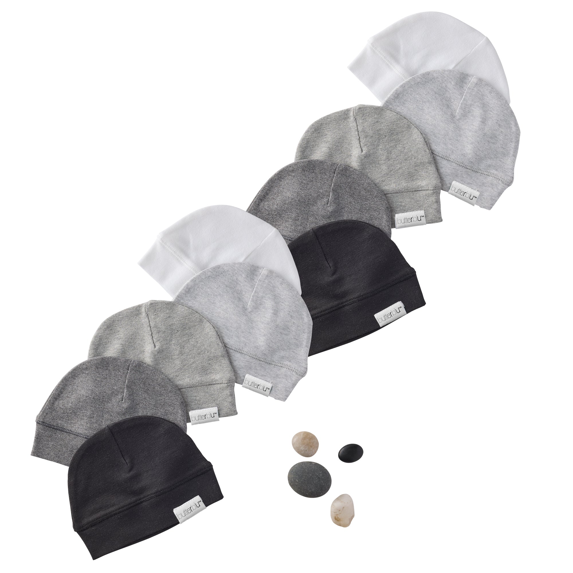 Set of gray and black beanies with small stones on a white background