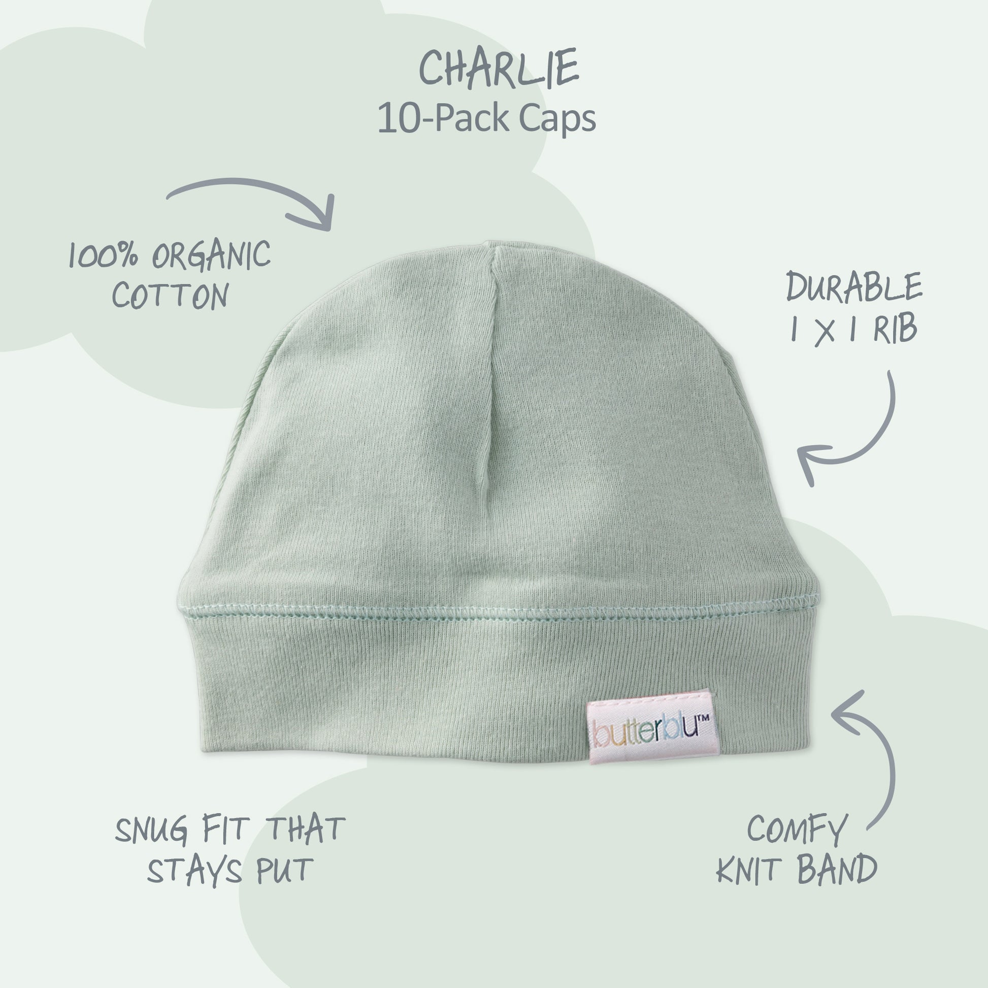 Gray baby cap with 'butterfly' brand label on a white background, featuring text about the product.