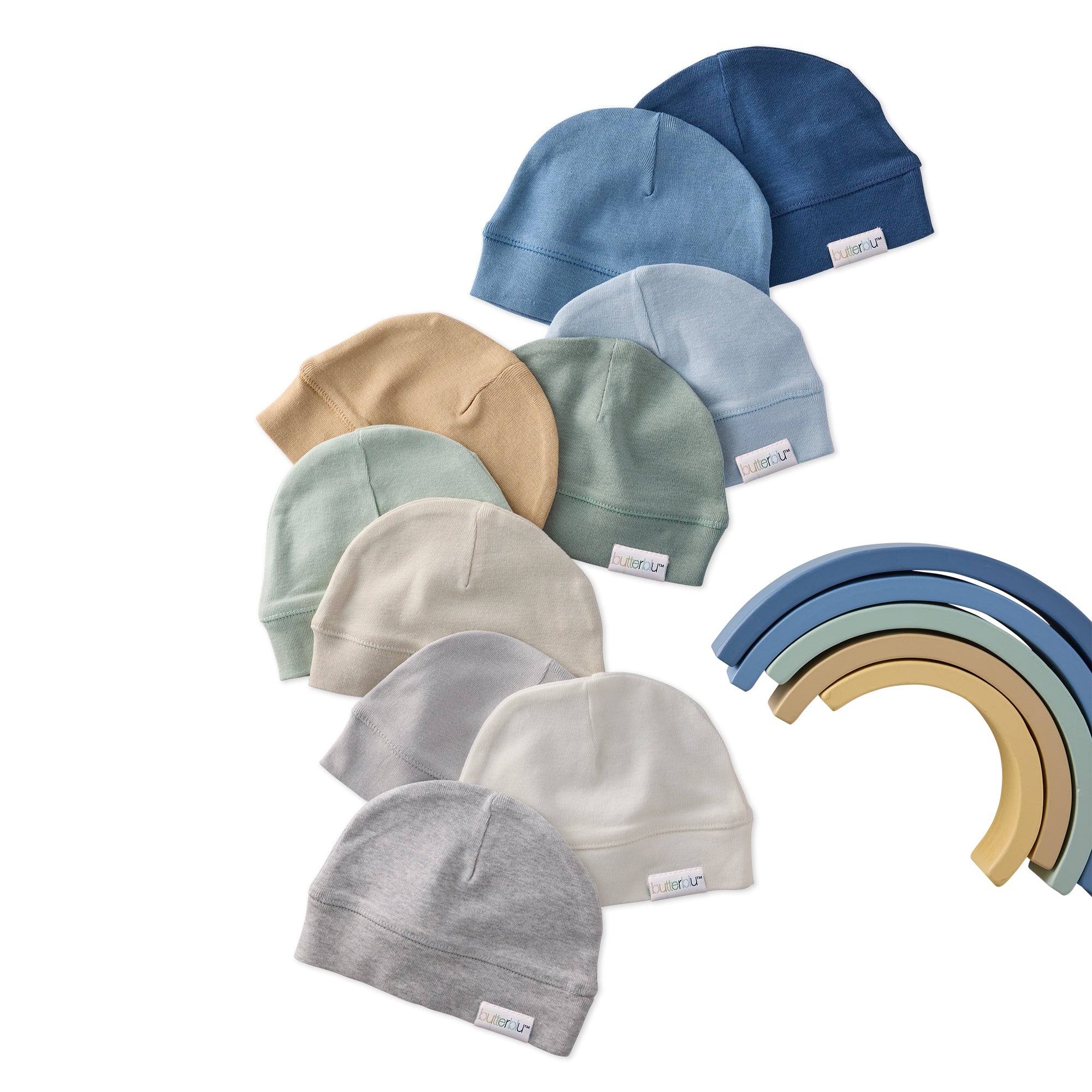 Set of baby hats in various colors on a white background