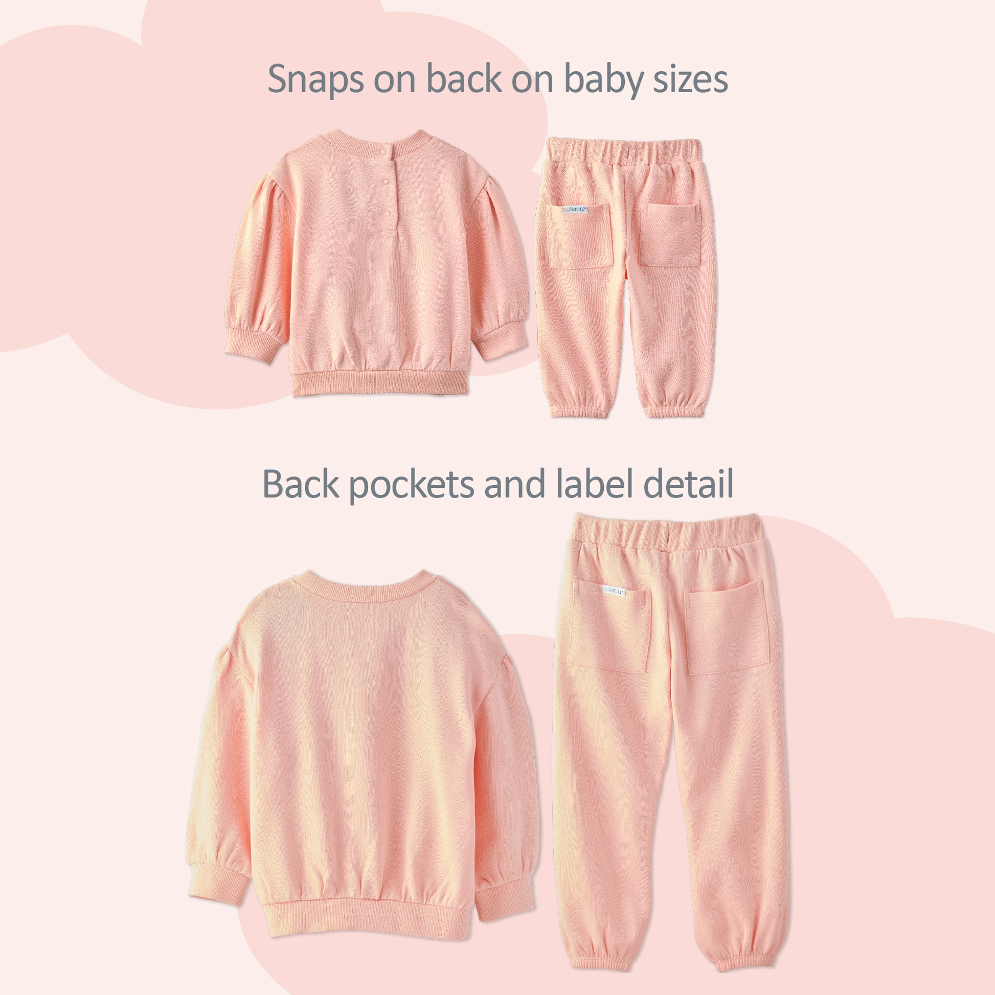 Front and backside of Cari sweatsuit with snap and back pocked details