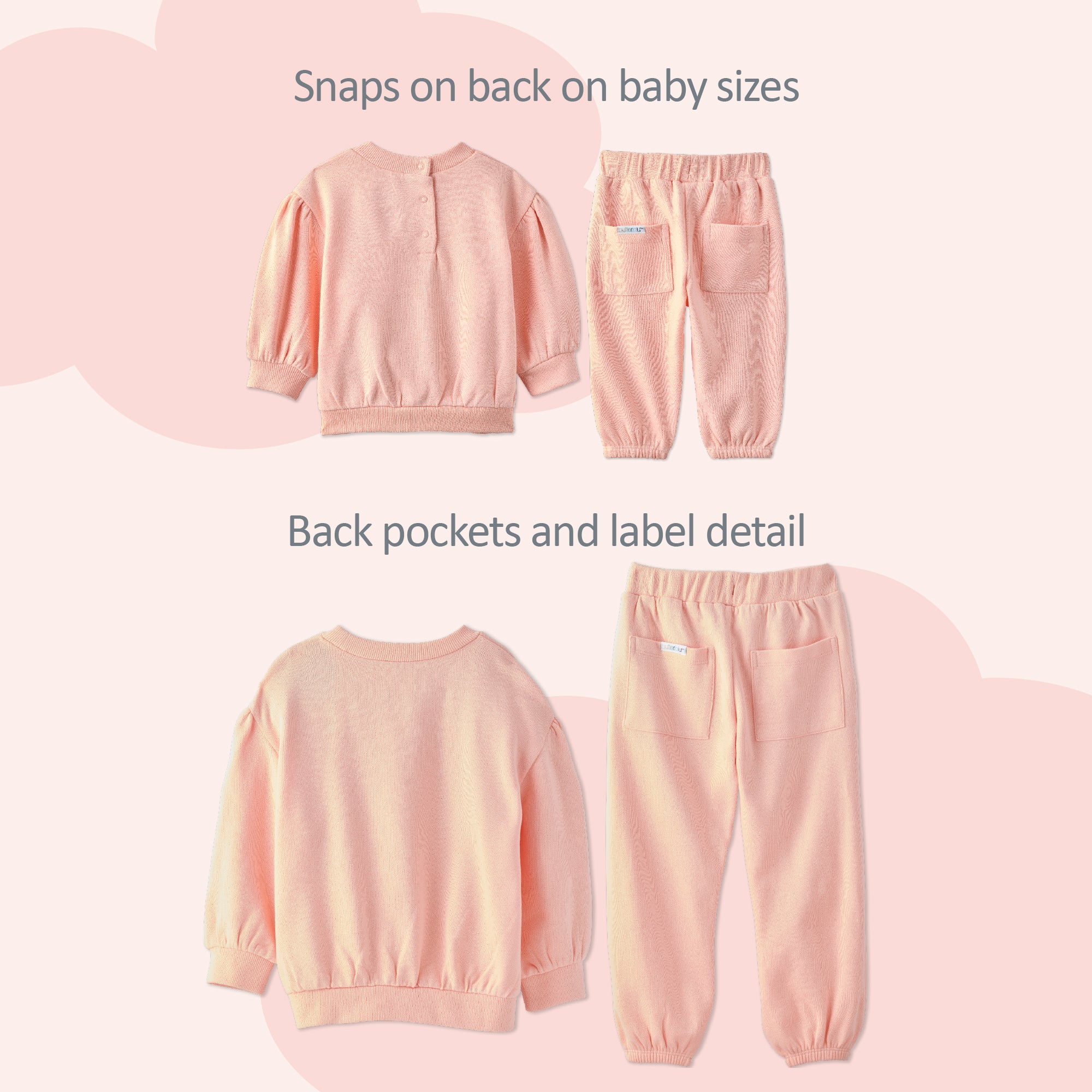 Front and backside of Cari sweatsuit with snap and back pocked details