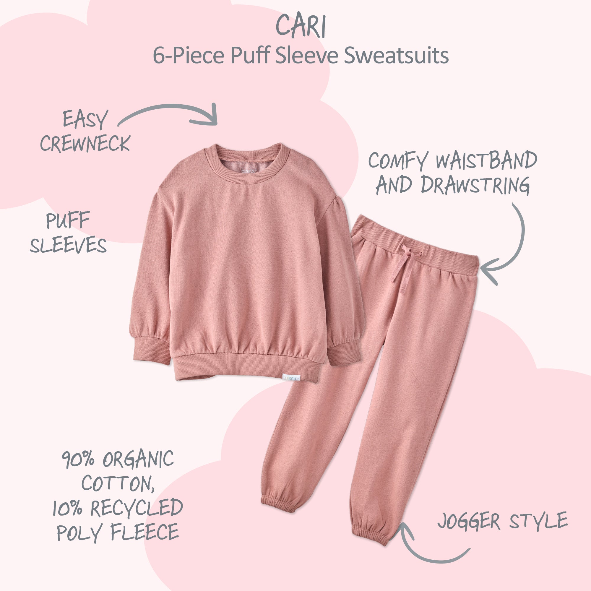Cari Sweatsuit surrounded by product descriptions 