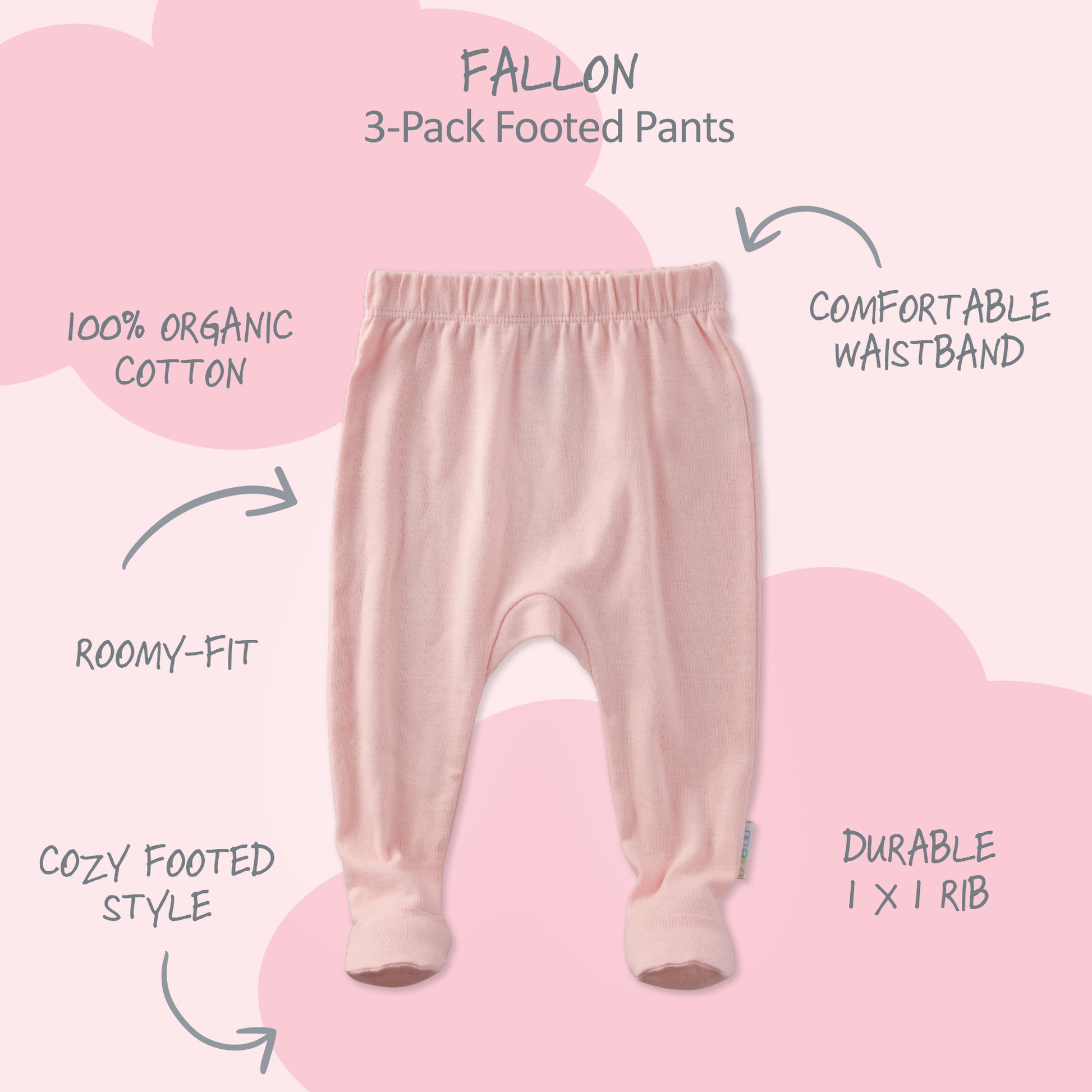 Pink baby footed pants with features listed on a pink background