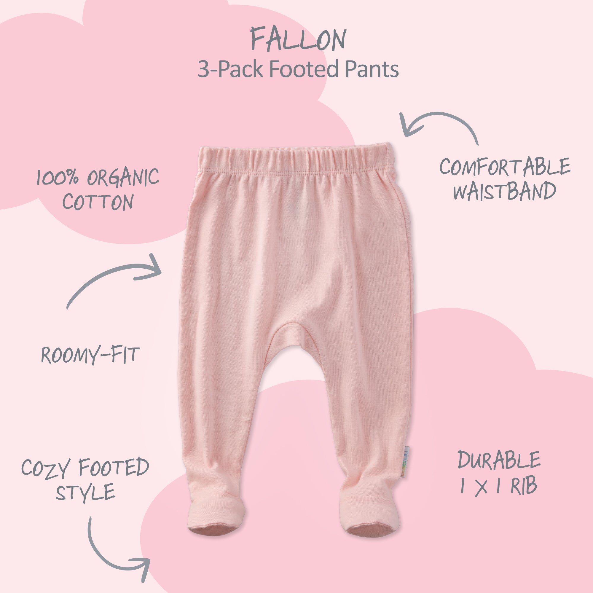 Pink baby footed pants with features listed on a pink background