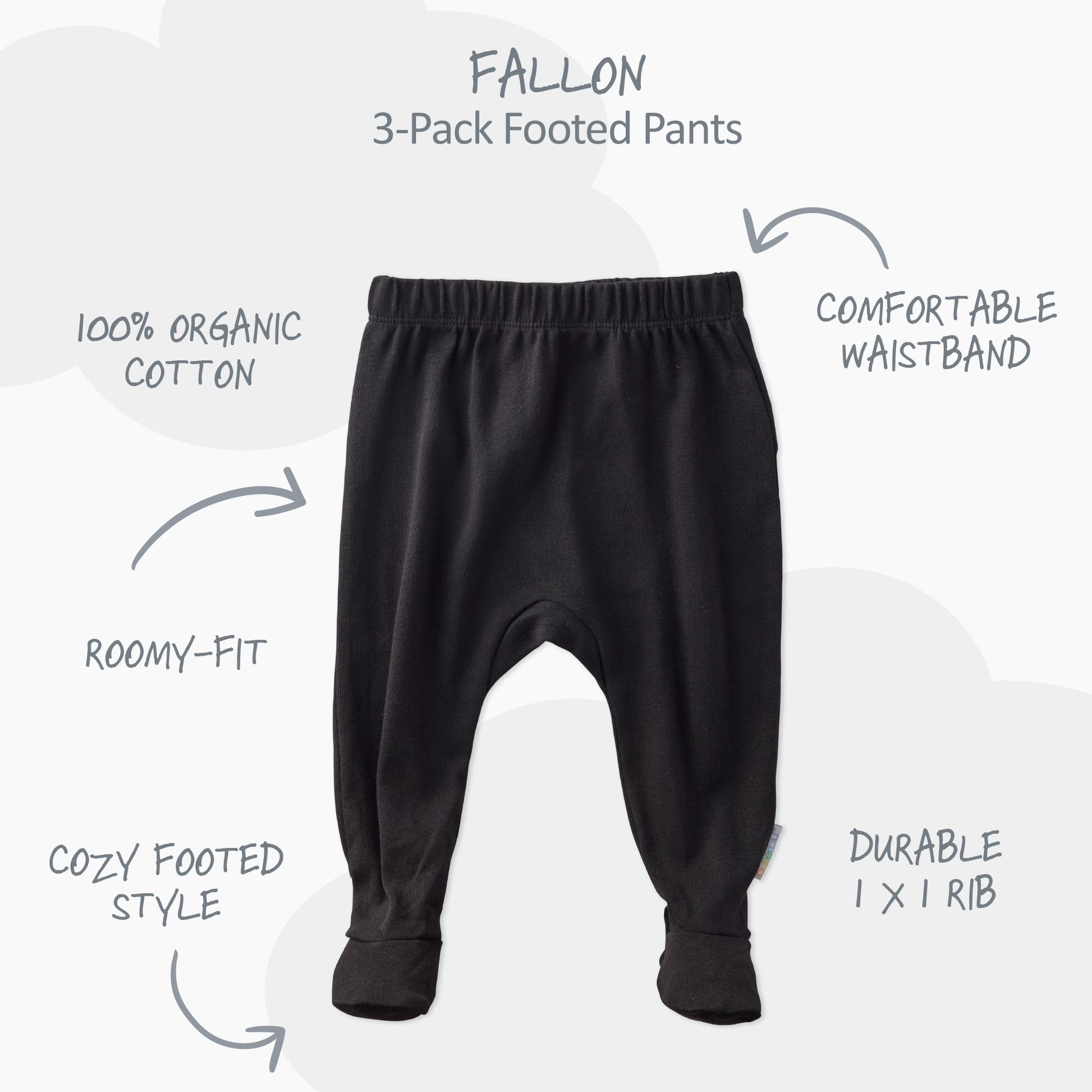 Black baby pants with features listed on a white background