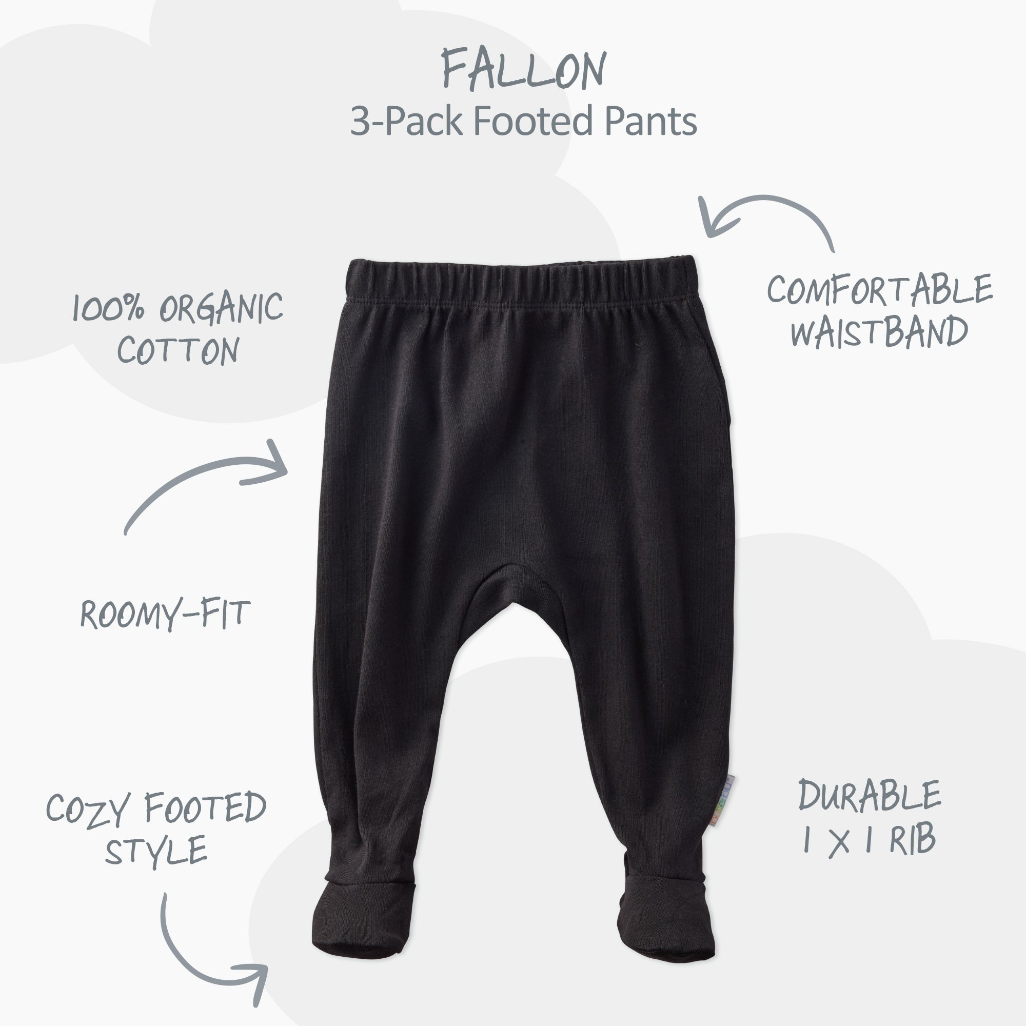 Black baby pants with features listed on a white background