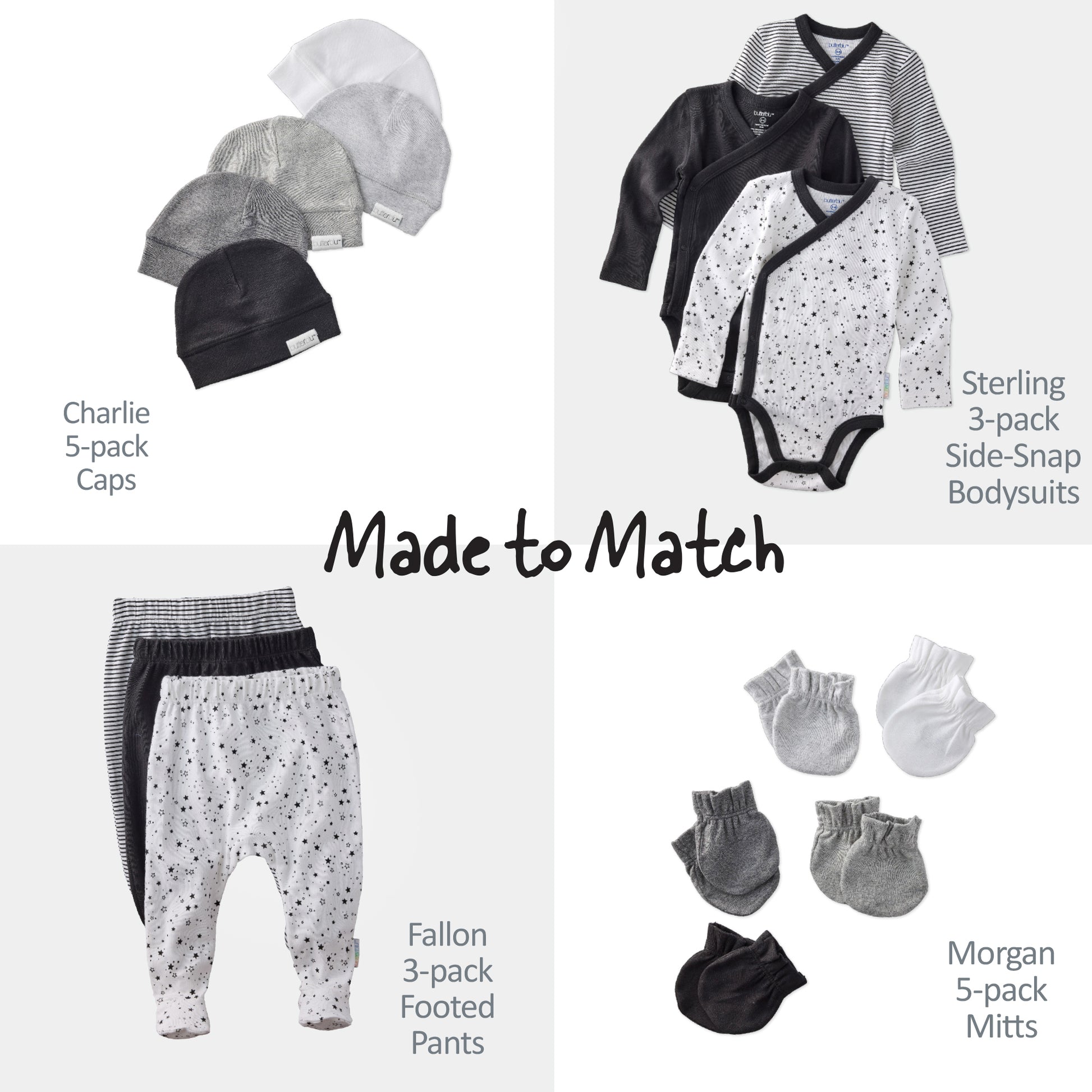 Collection of baby clothing items including caps, bodysuits, pants, and mitts with text indicating 'Made to Match' on a white background.