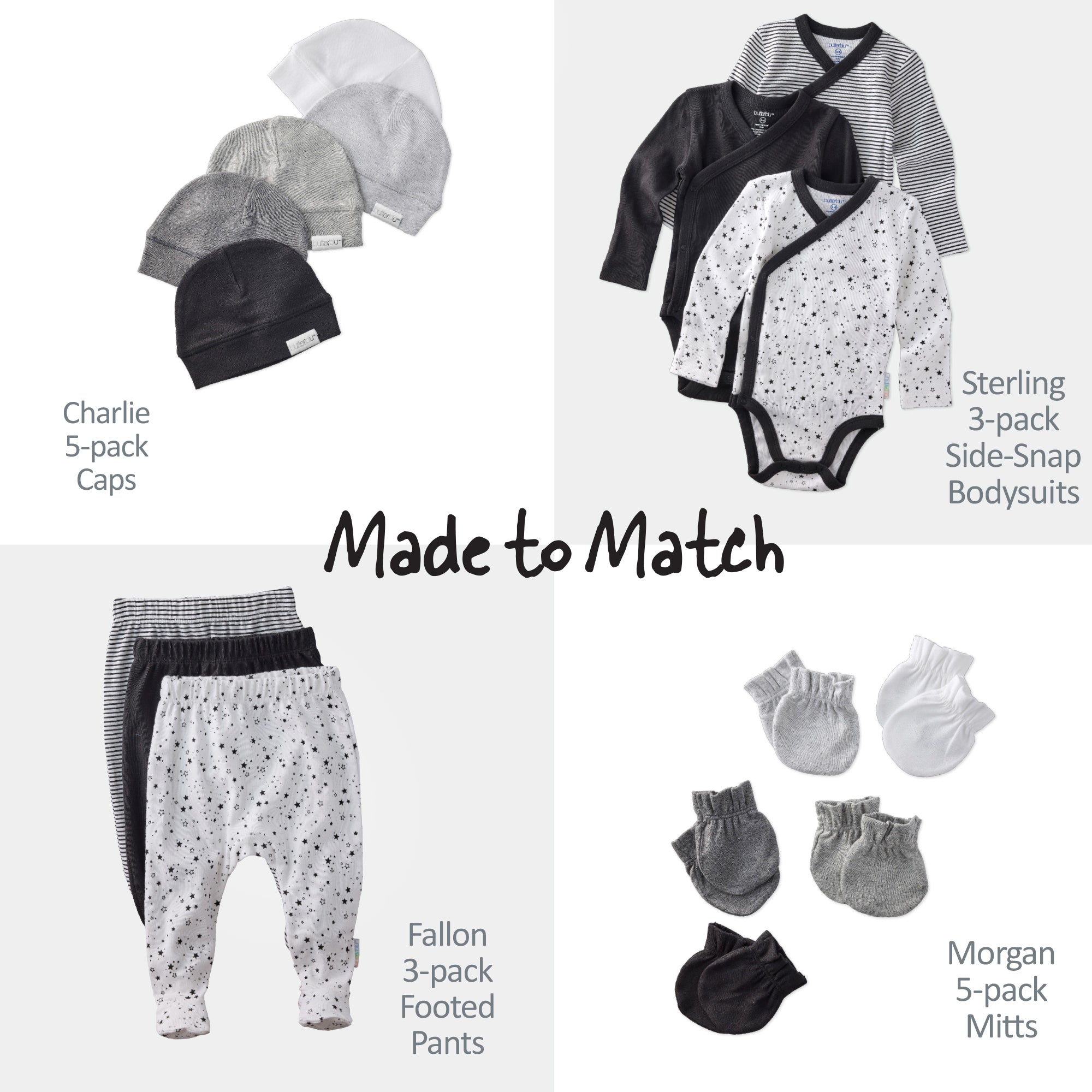 Collection of baby clothing items including caps, bodysuits, pants, and mitts with text indicating 'Made to Match' on a white background.