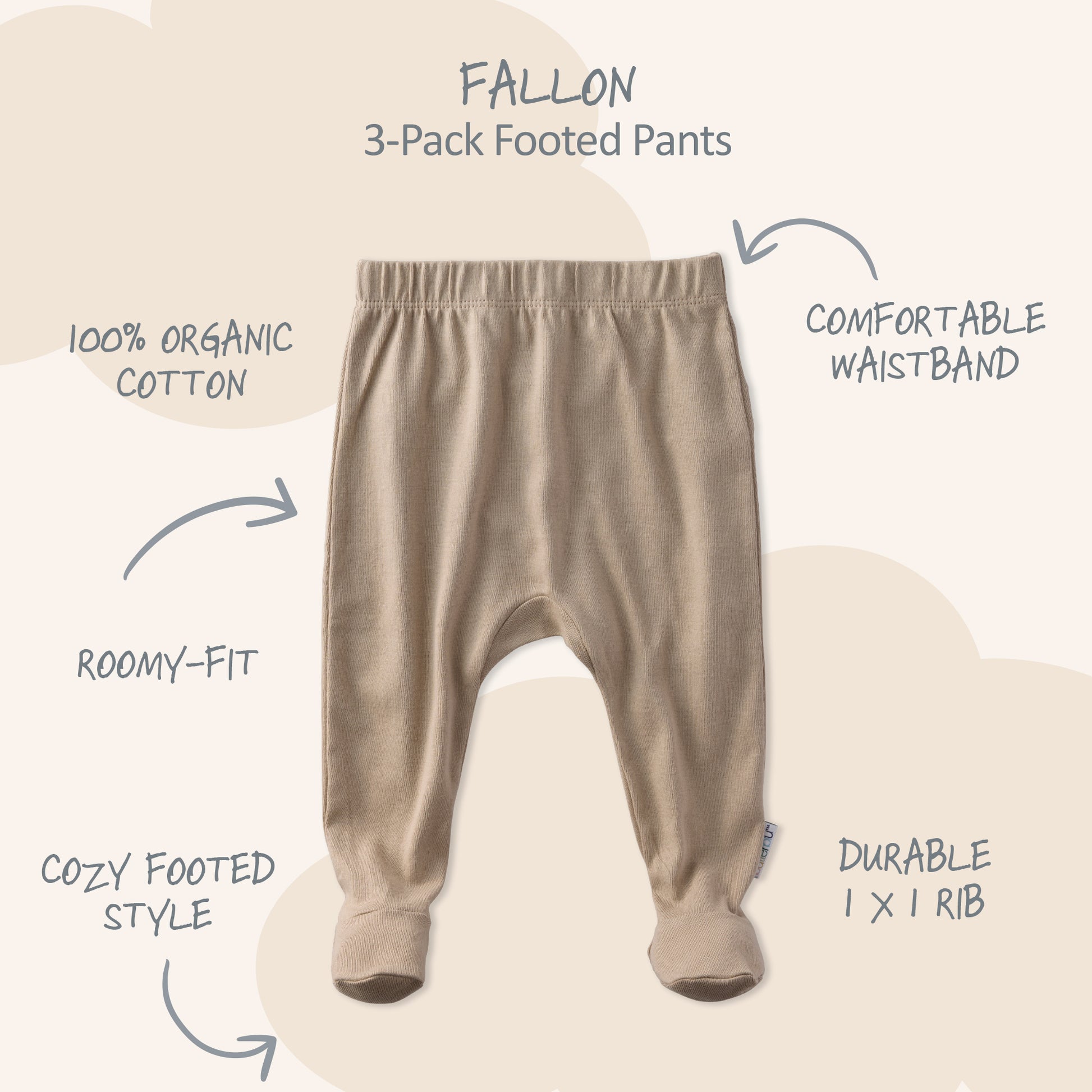 3-pack footed pants with features listed on a white background