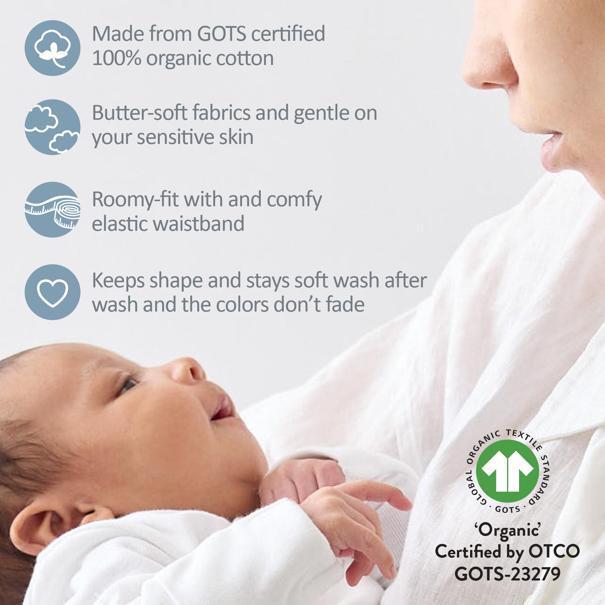 Baby wrapped in organic cotton fabric with product features listed on a light gray background.
