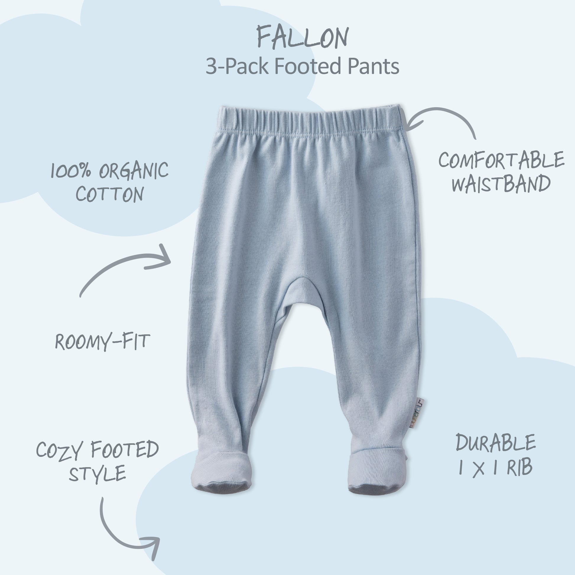 Gray baby footed pants with features labeled on a light blue background