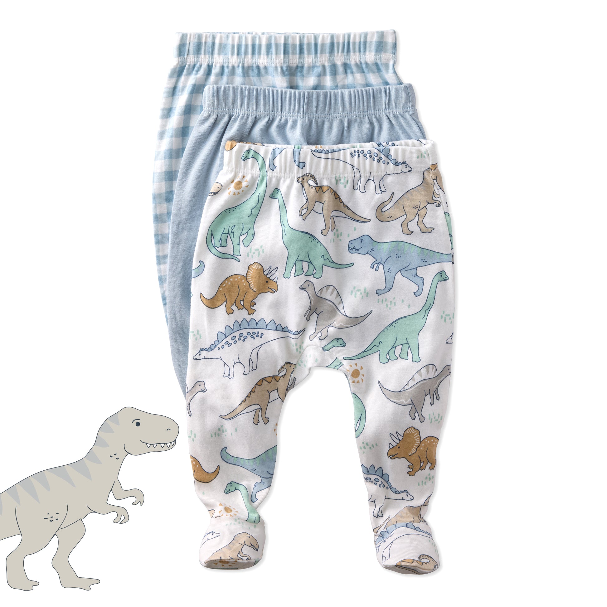 Set of three baby pants with dinosaur patterns on a white background