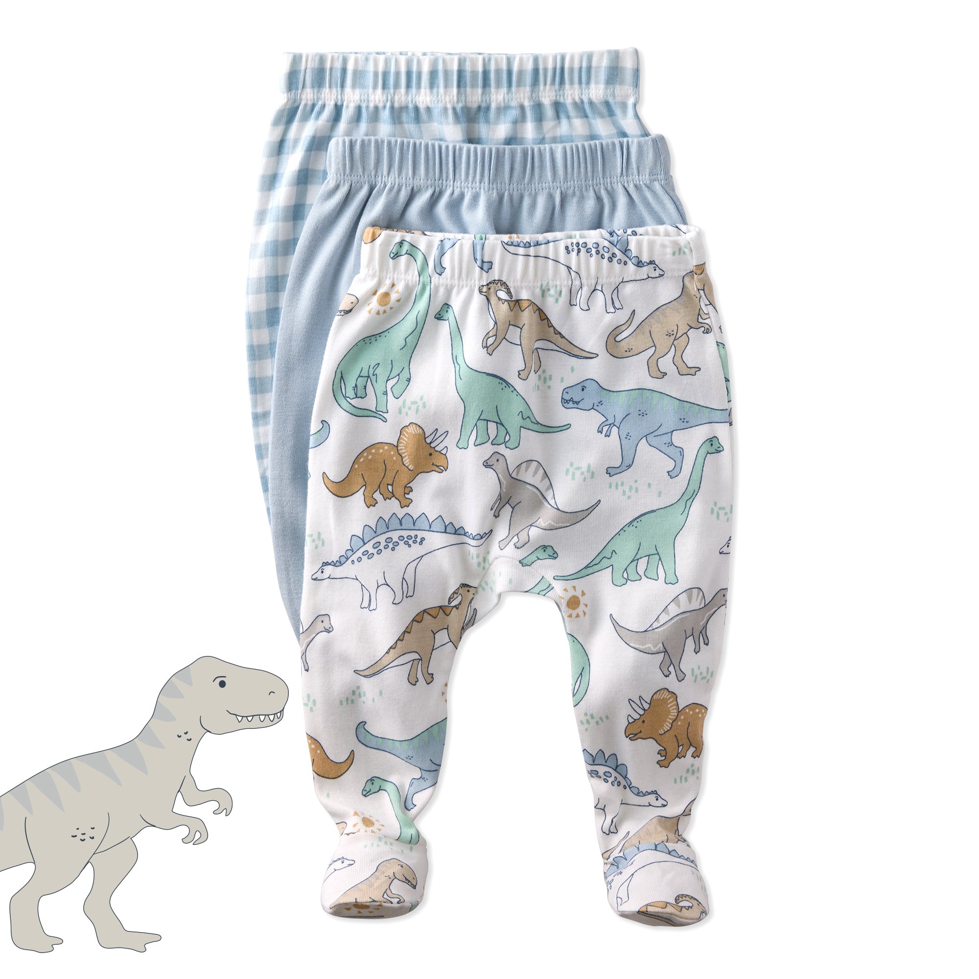 Set of three baby pants with dinosaur patterns on a white background