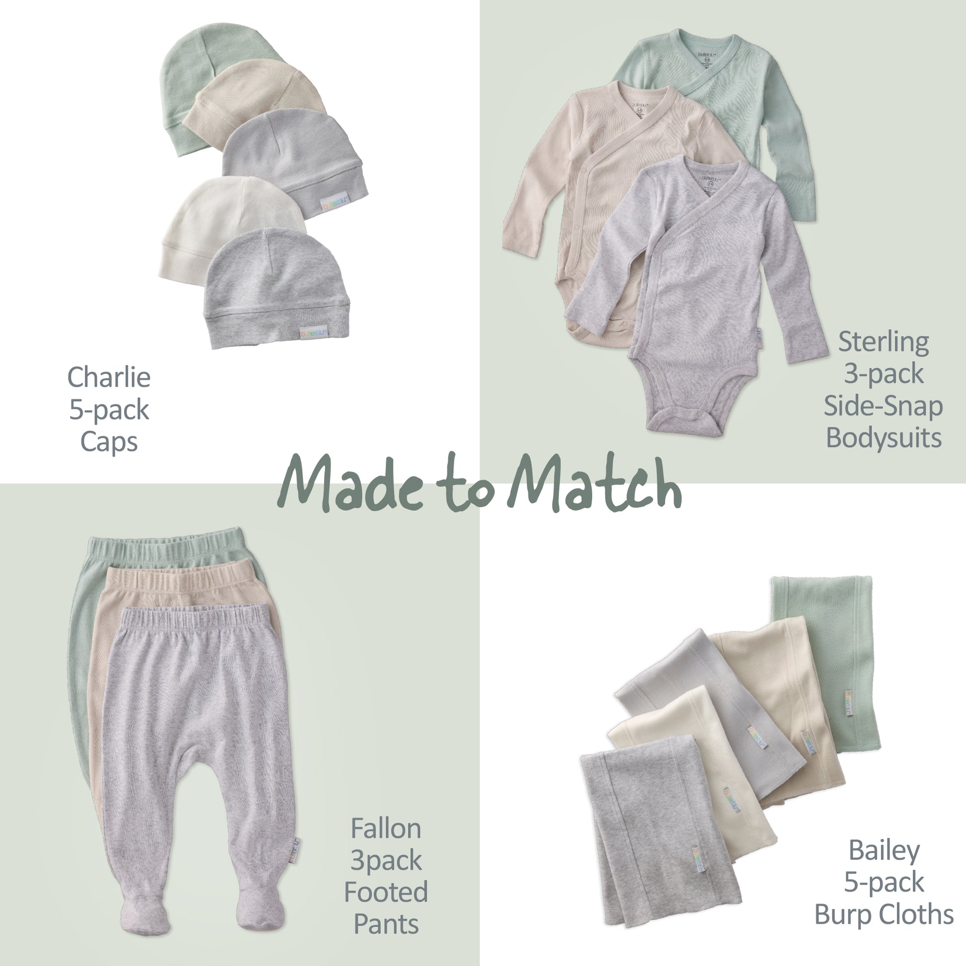 Collection of baby clothing items including caps, bodysuits, pants, and burp cloths on a light green background.