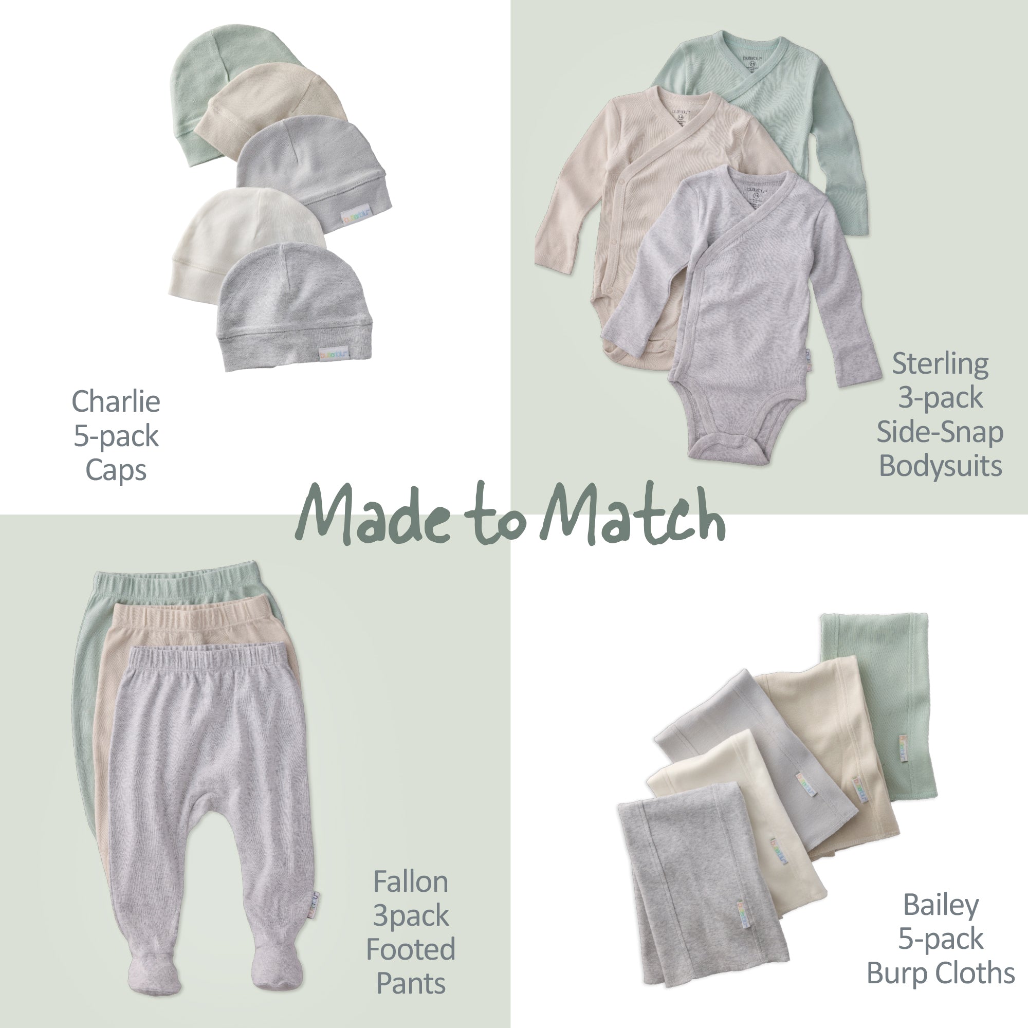 Collection of baby clothing items including caps, bodysuits, pants, and burp cloths on a light green background.