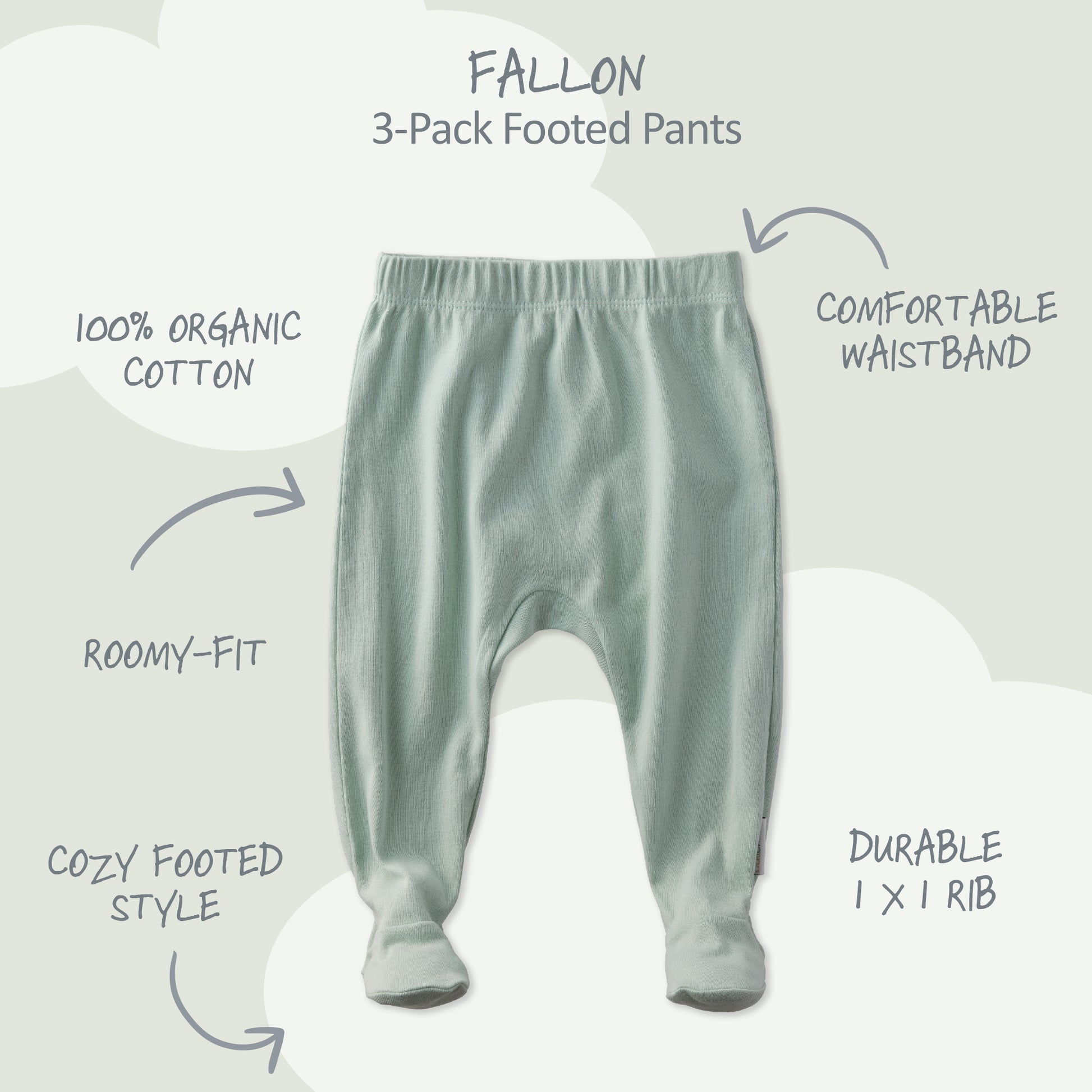 3-pack footed pants with features listed on a white background