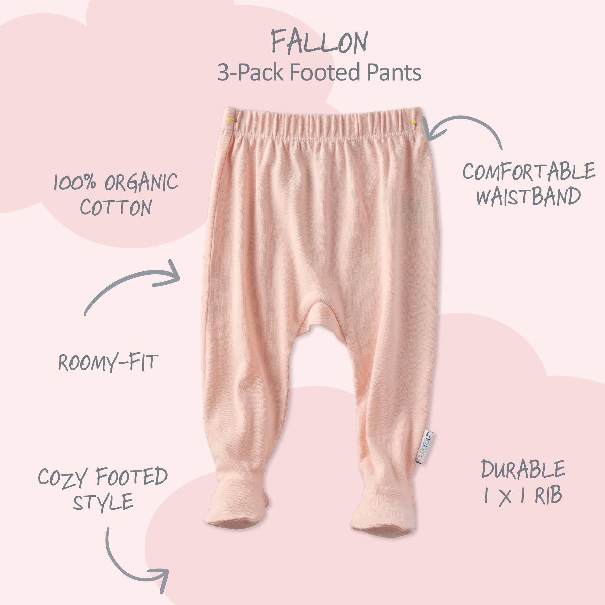 3-pack of footed pants with text highlighting features on a pink background