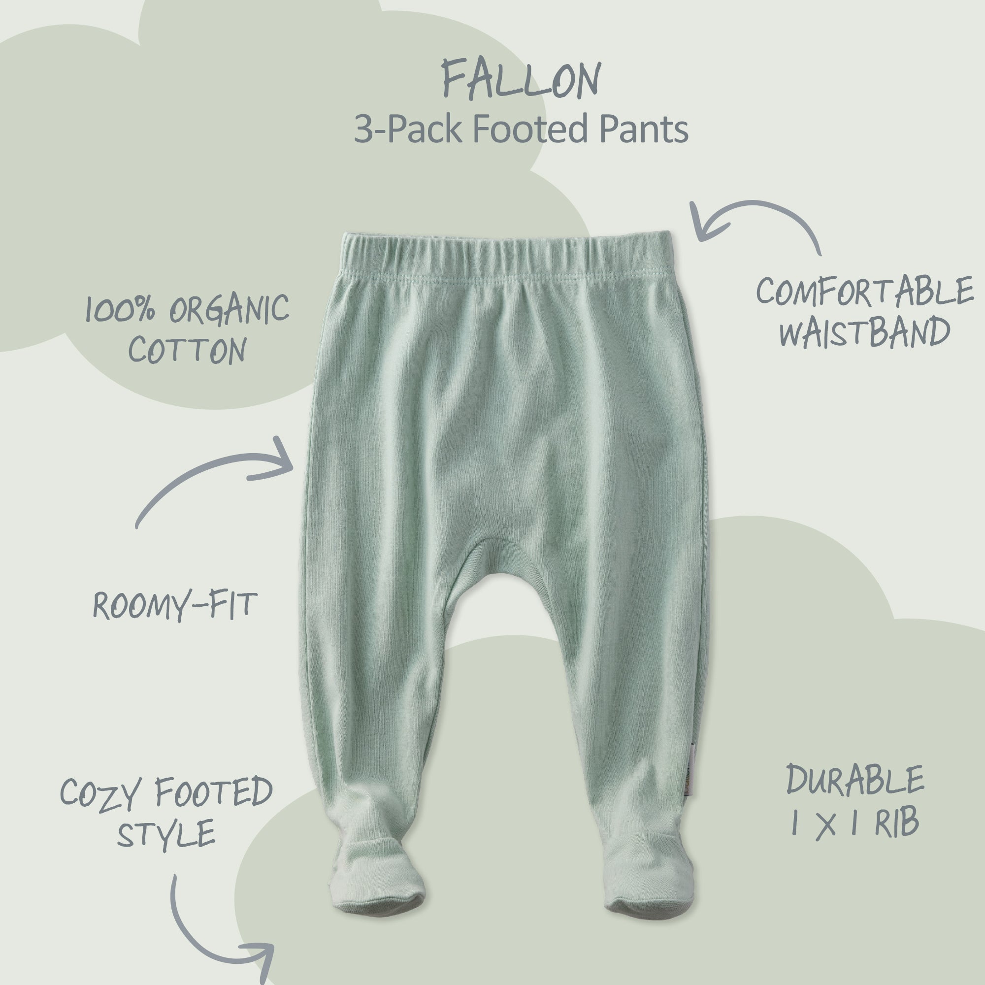 3-pack of footed pants with text highlighting features on a light gray background