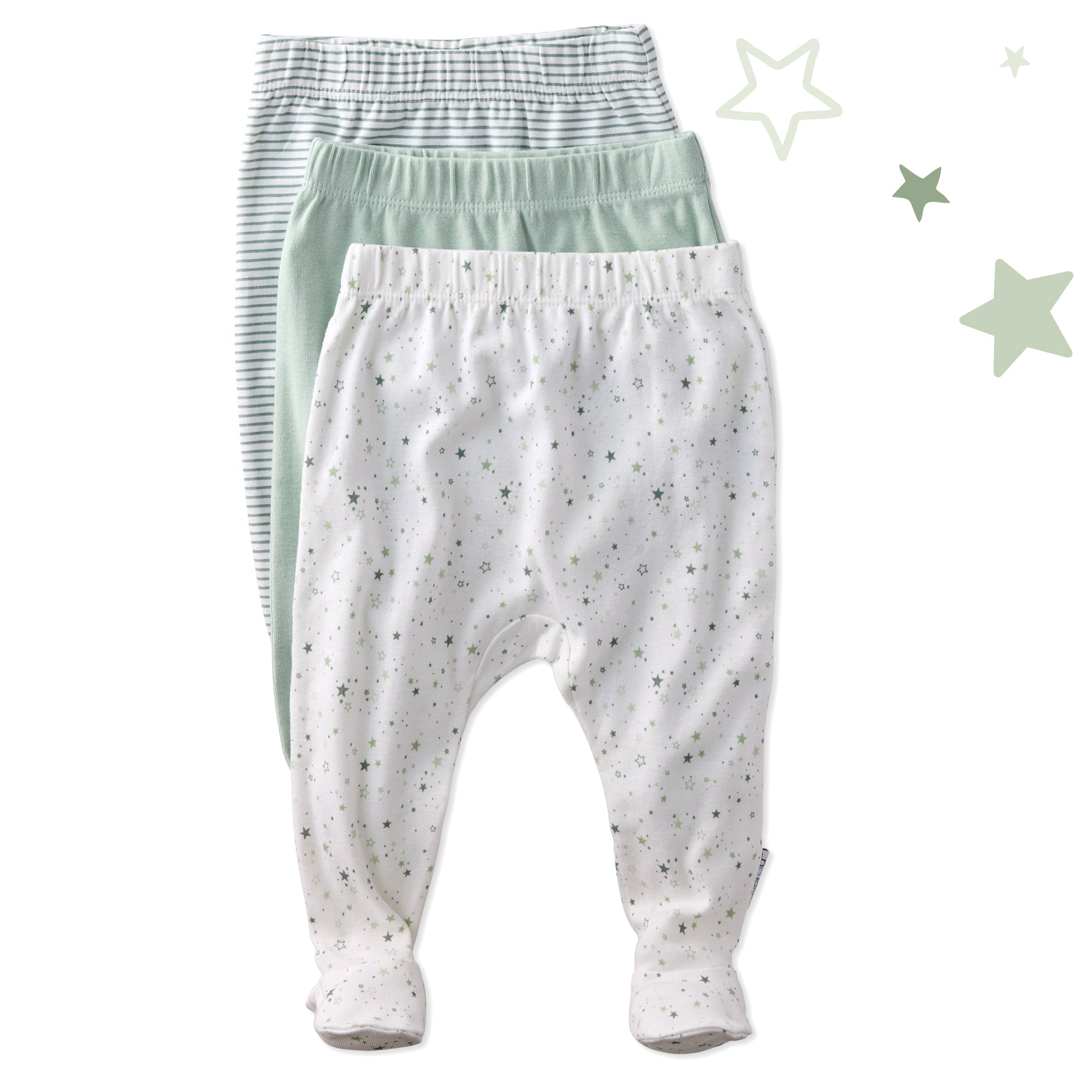 Two pairs of baby pants, one white with star pattern and one green with checkered pattern, on a white background.