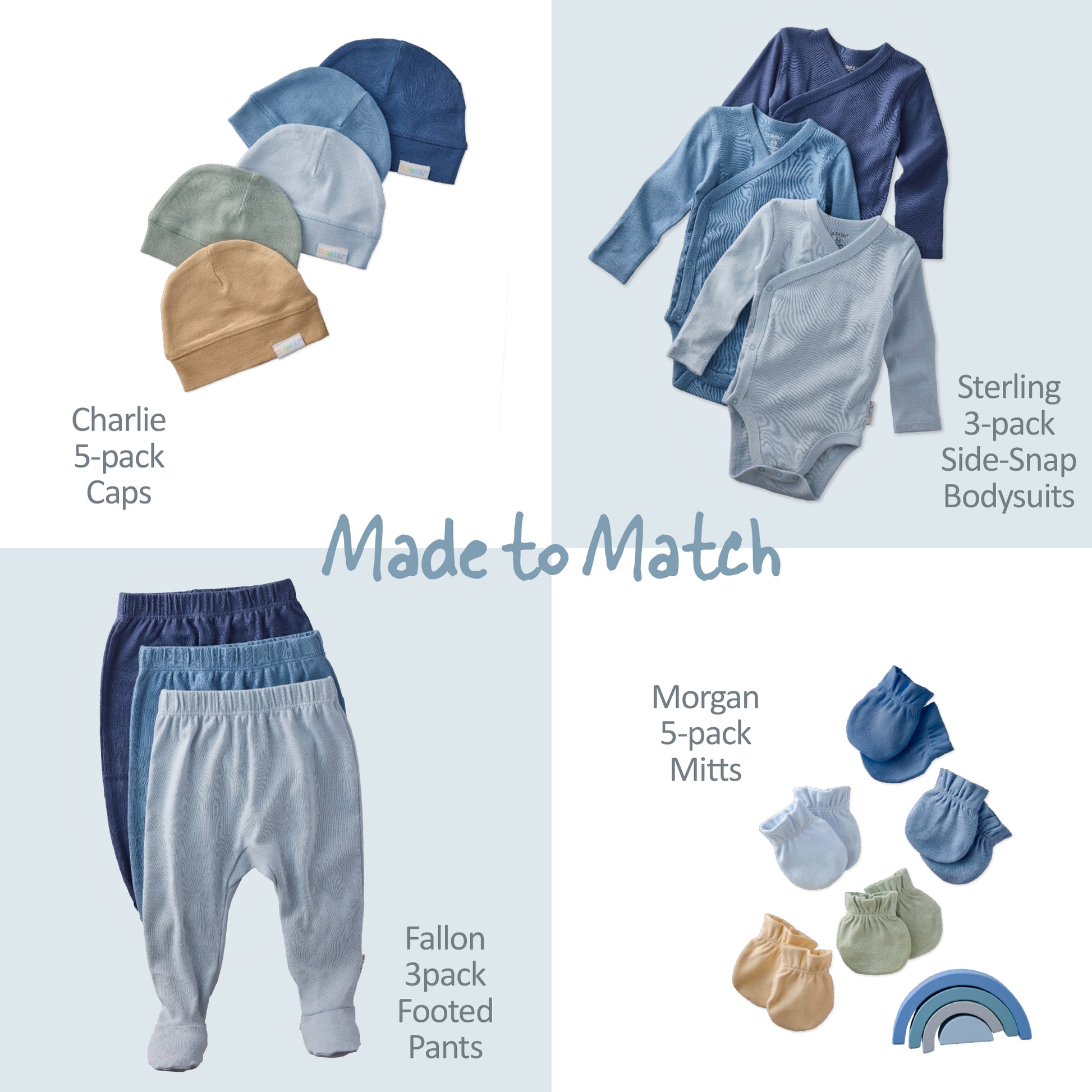 Baby clothing set with caps, bodysuits, pants, and mittens on a light blue background.