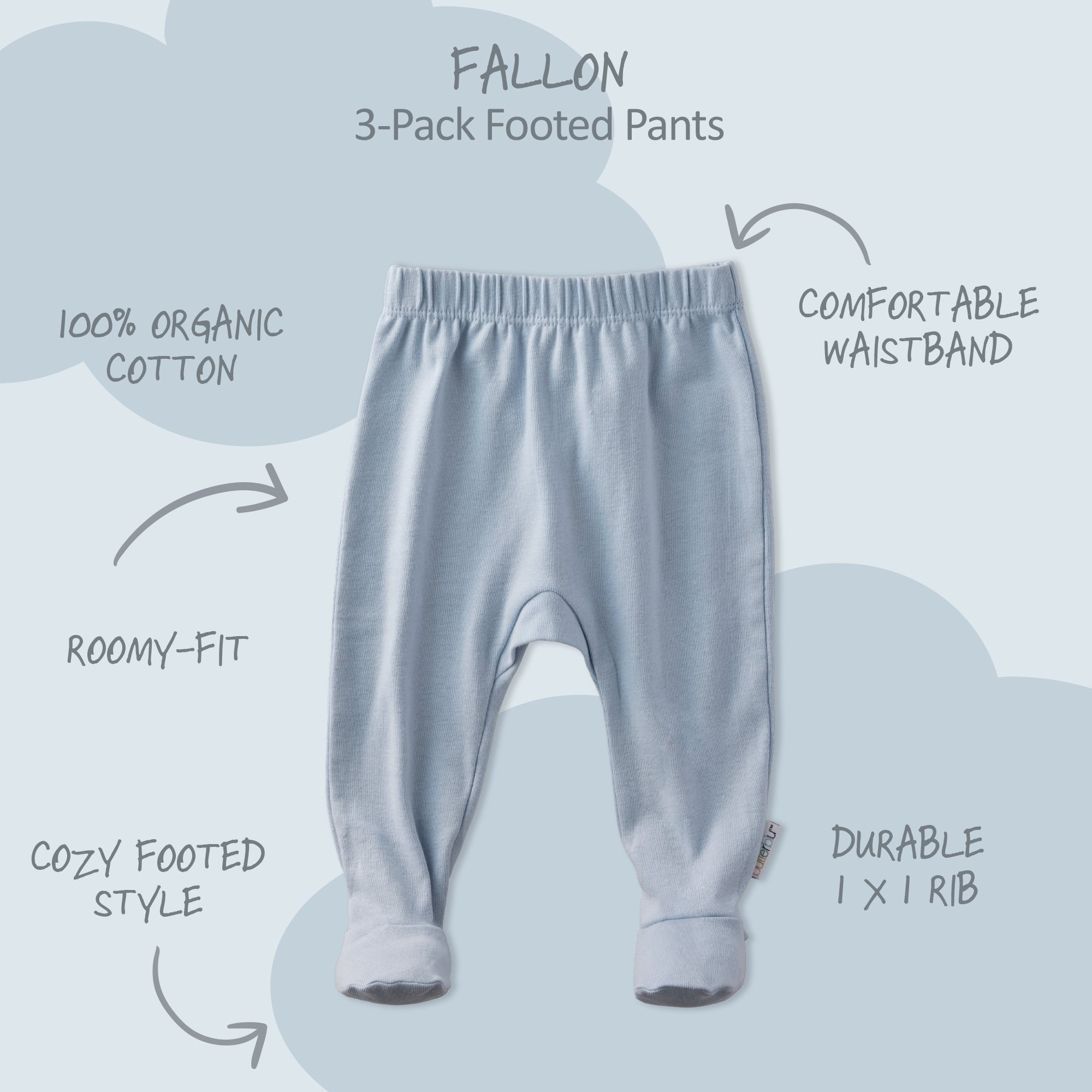 Gray baby footed pants with features listed on a light blue background
