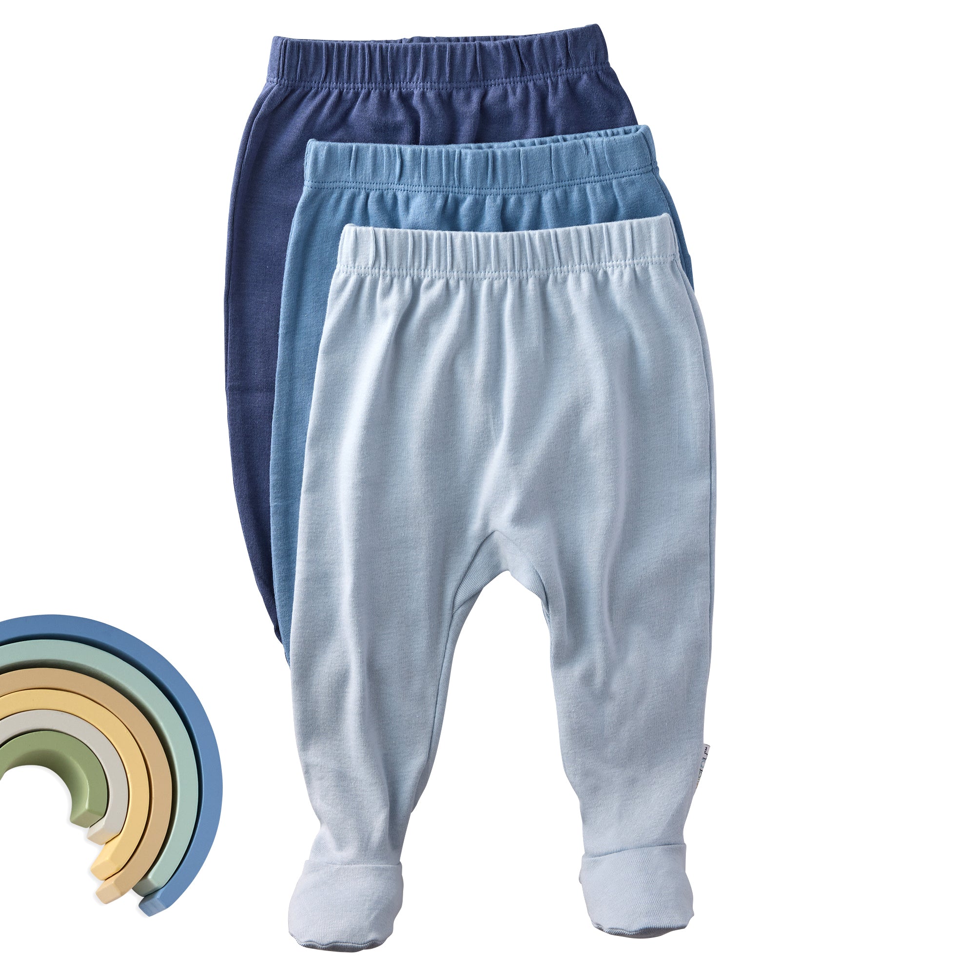 Three pairs of baby pants in blue, gray, and multicolor on a white background.
